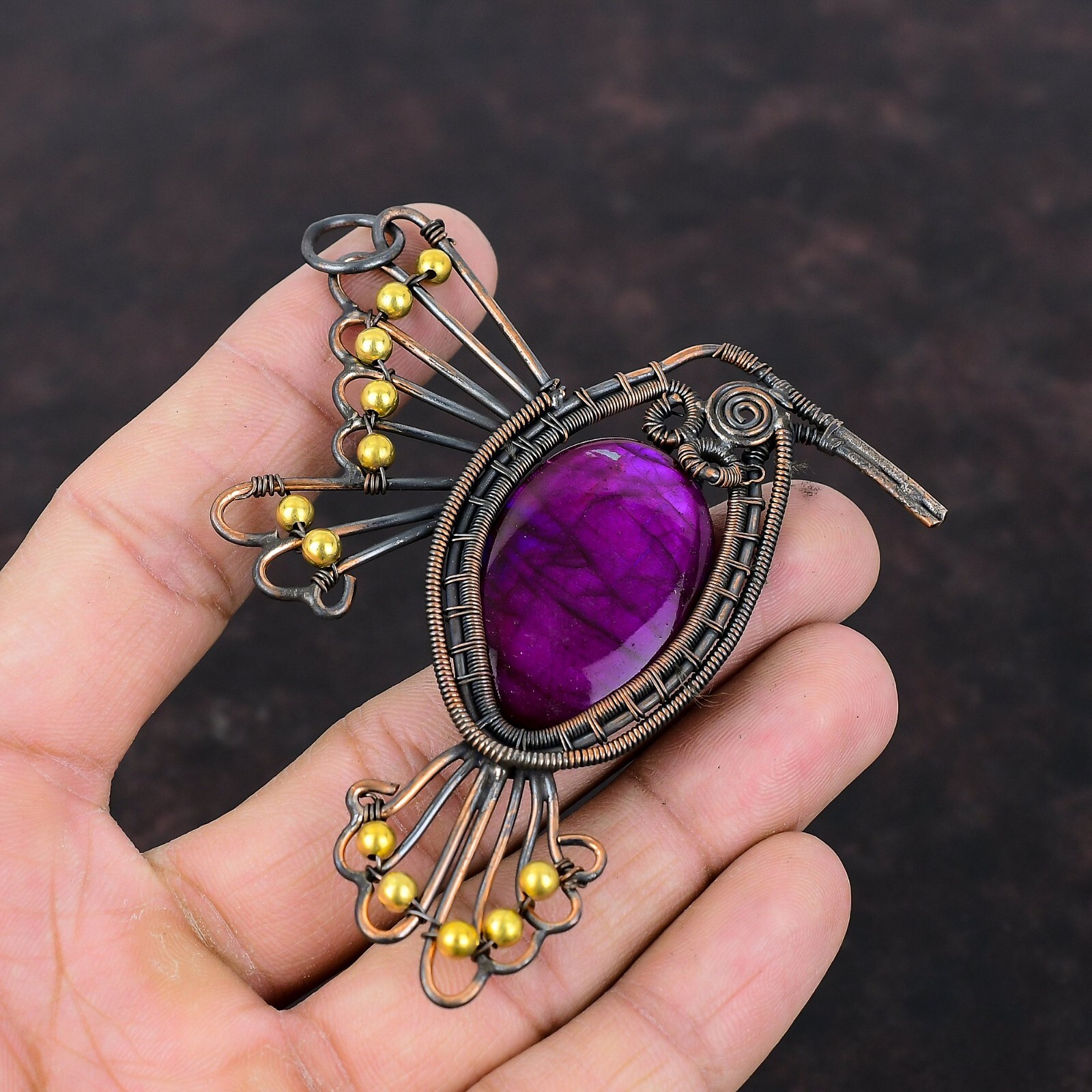 Purple Fire Labradorite Copper Gift For Mum Wire Wrapped Bird Pendant 3.86″