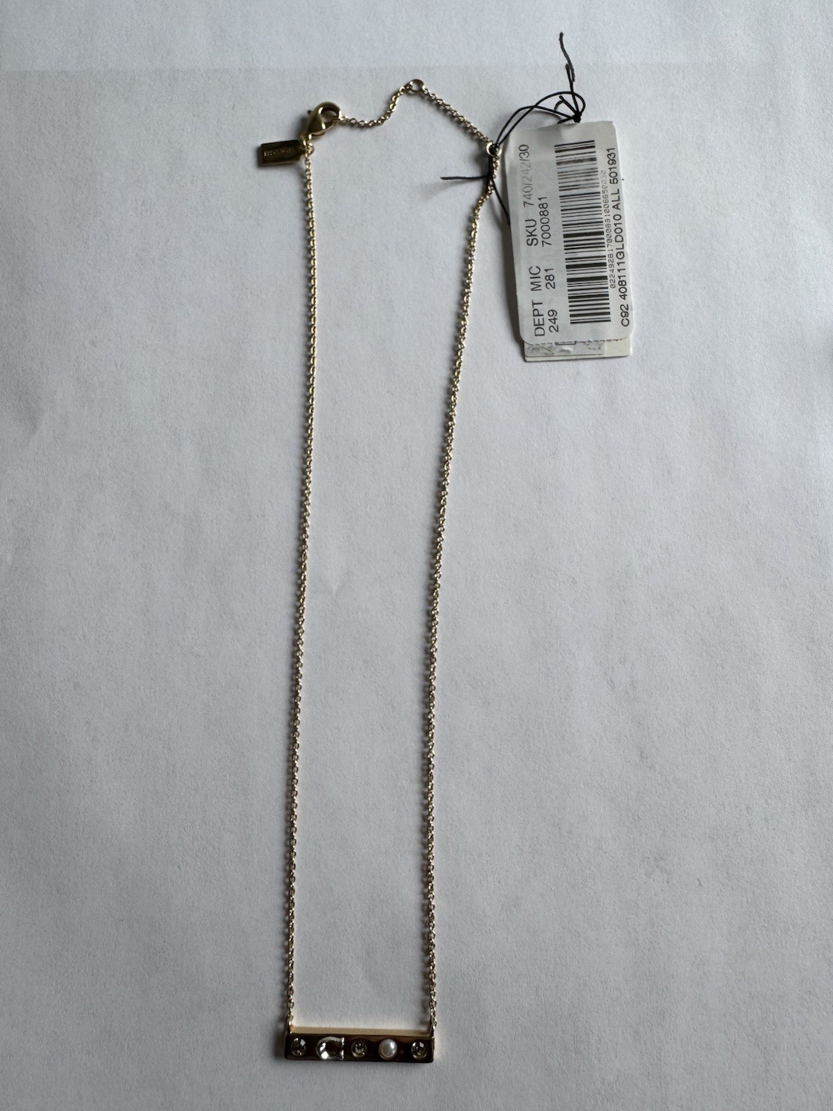 NEW Coach Gold Tone Bar Pendant Necklace Clear Crystal & Pearl Cable Chain