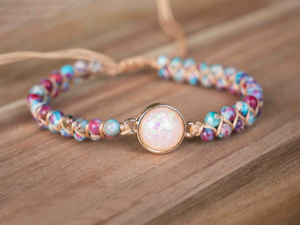 Natural Sea Sediment Jasper Stone Bracelet Opal Gemstone Charm Bracelet Handmade