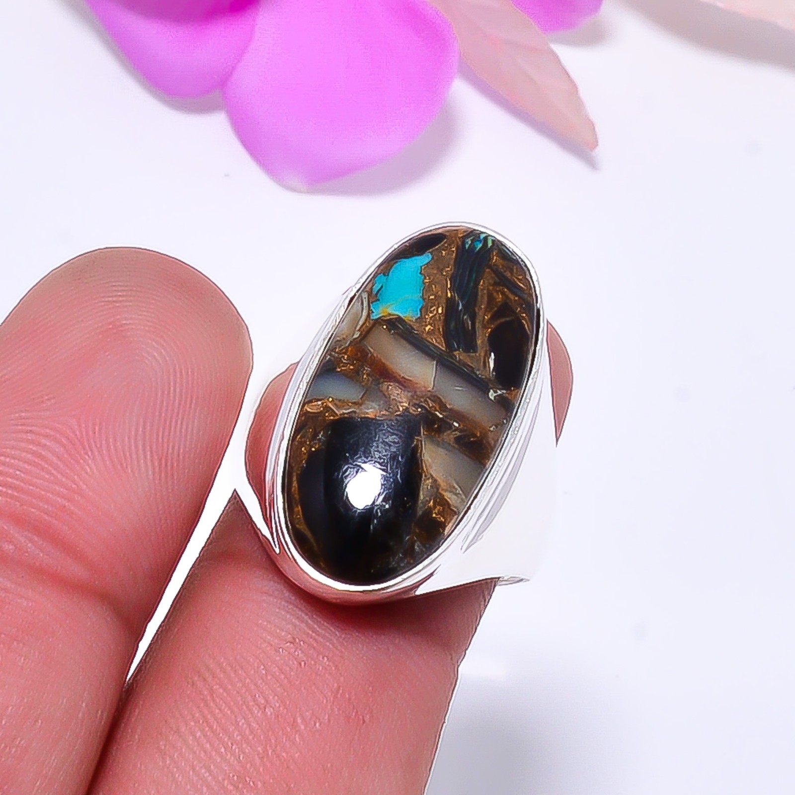 Copper Black Obsidian With Abalone 925 Sterling Silver Ring S.7.5 R115212