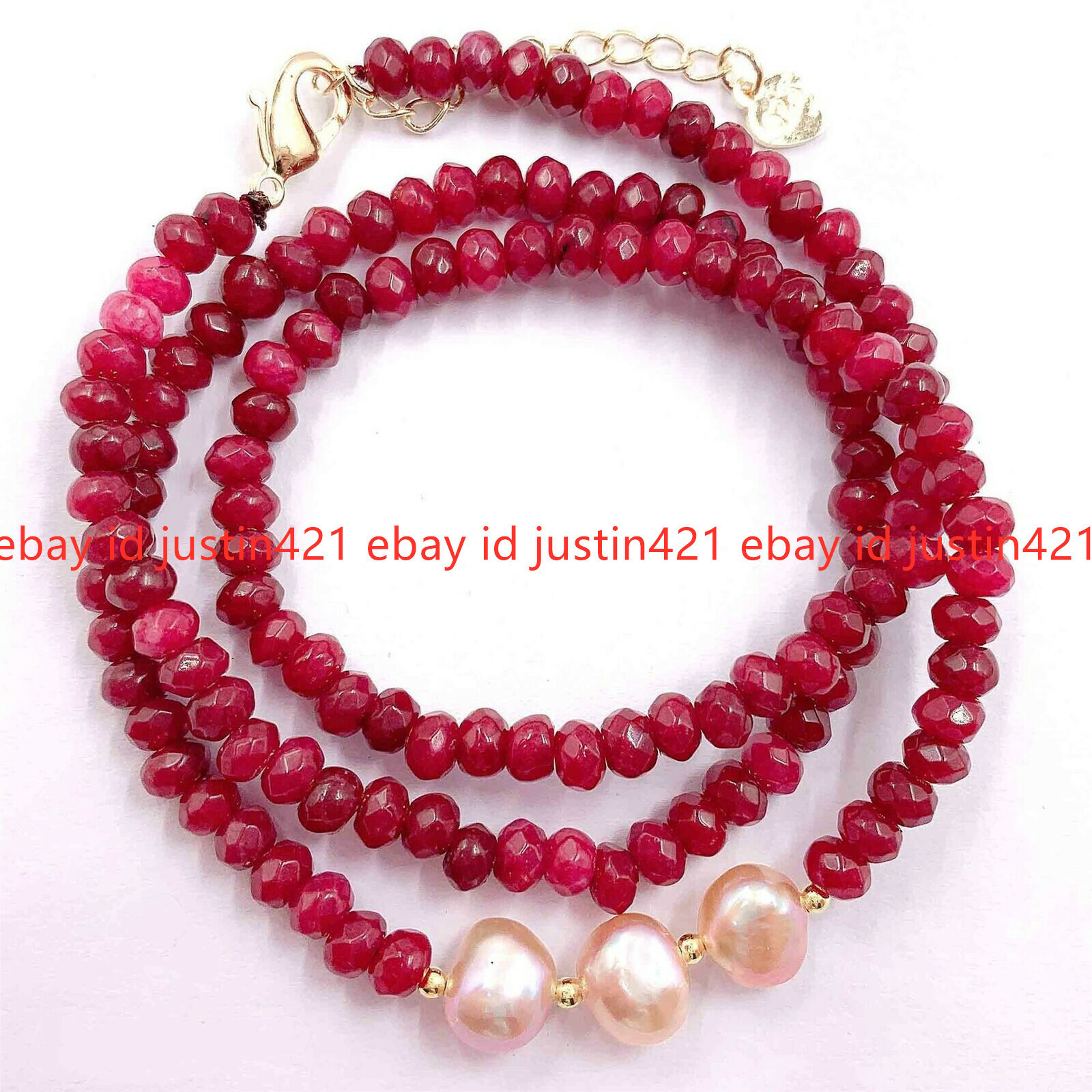 2x4mm Red Jade Rondelle Beads 7-8mm Pink Freshwater Baroque Pearl Necklace 18″