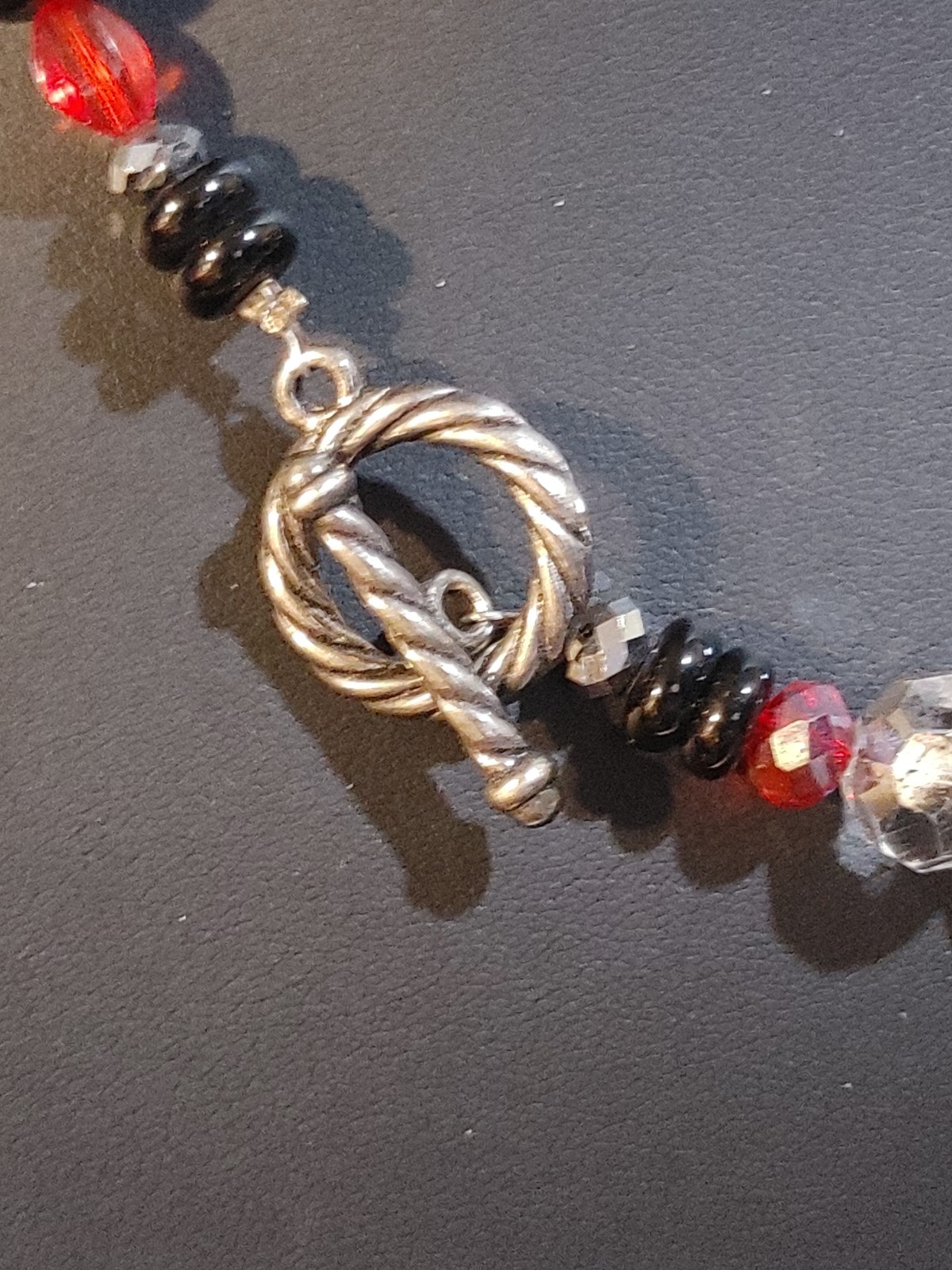 Chunky Bead Statement Necklace Red Black Silver Rhinestones 18″