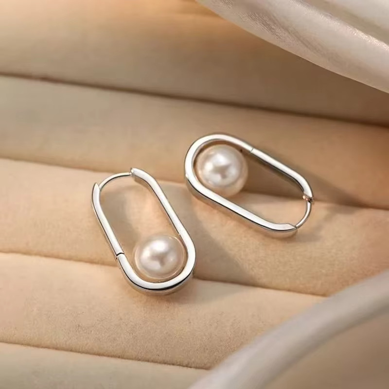 925 Sterling Silver Safety Pin Pearl Huggie Hoop Earrings Geometric Oval Gift