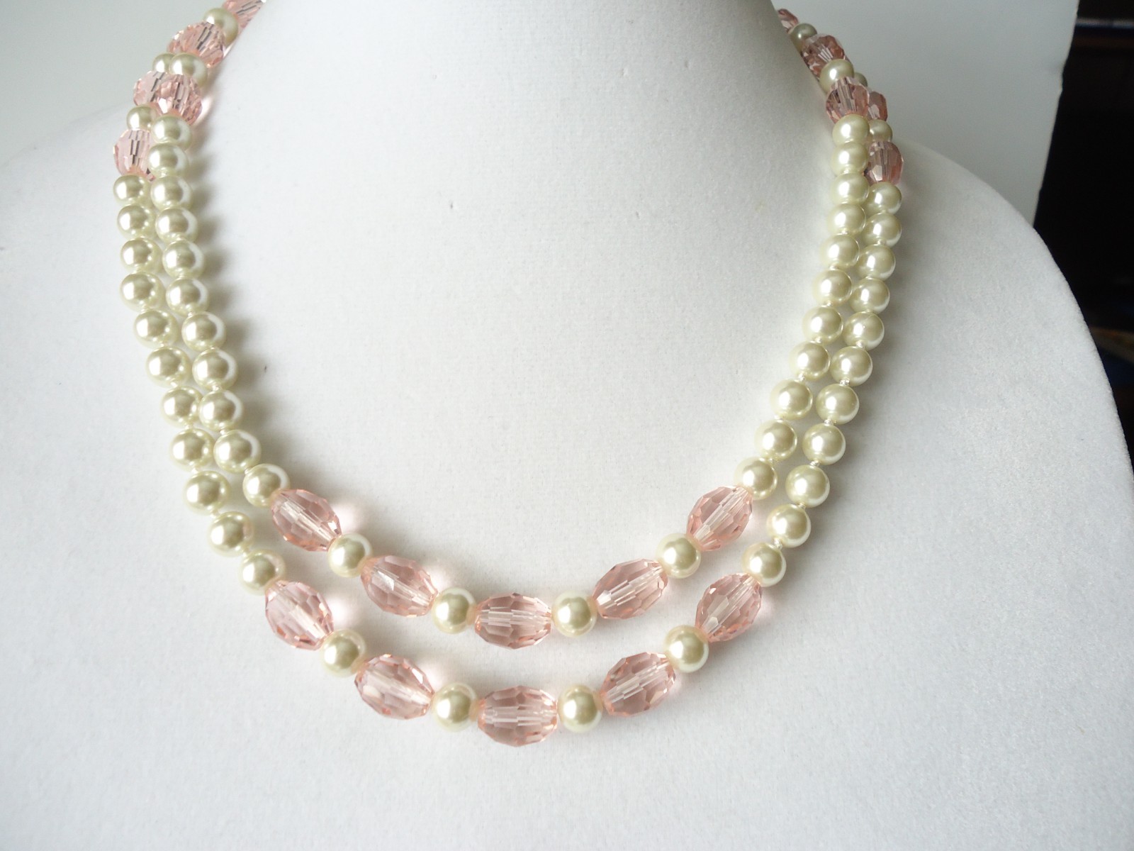 3 Faux Pearl Necklaces Cream, White, Pale Peach Color W/Pale Pink Glass Beads