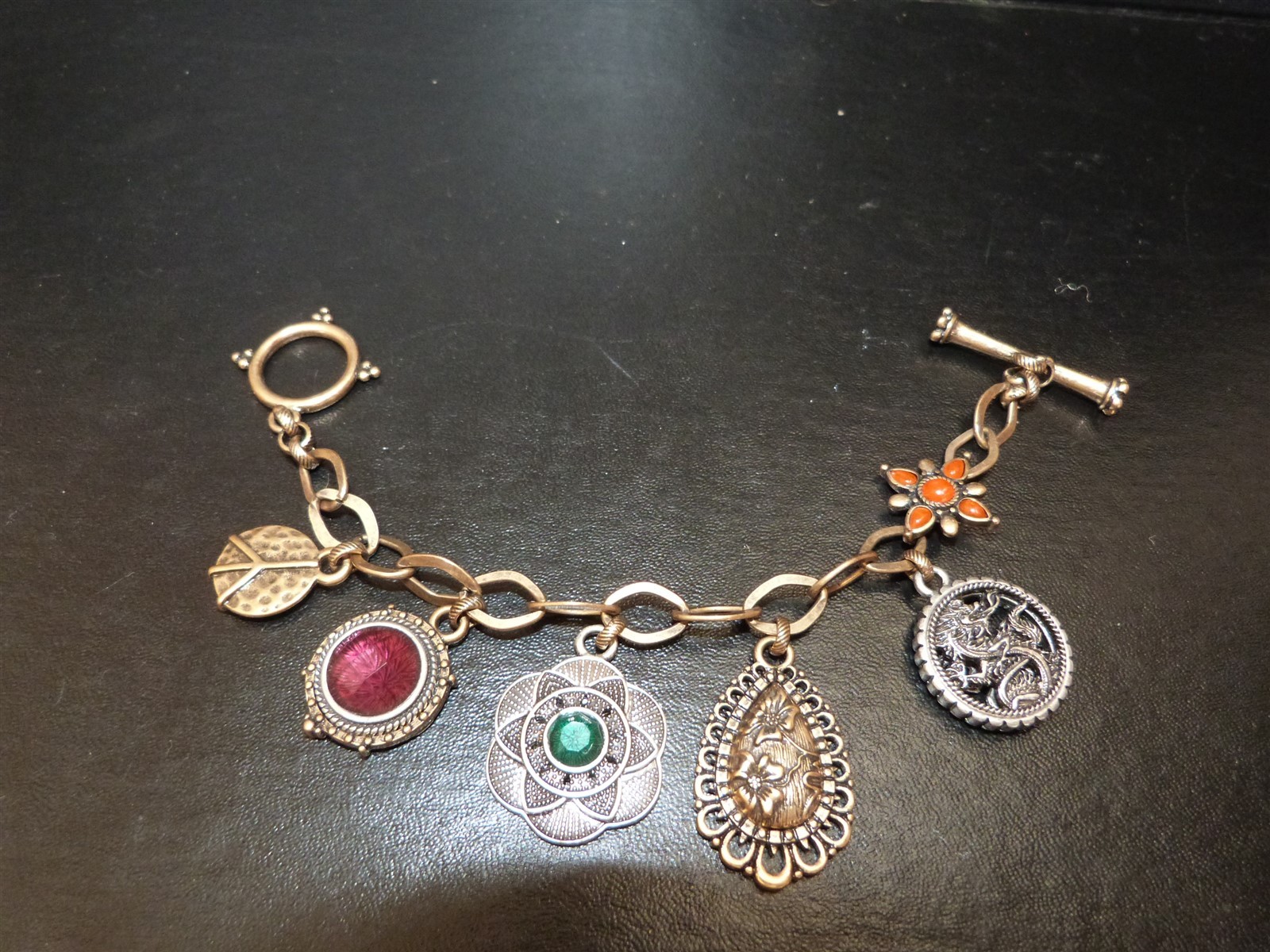 Lucky Brand jewelry lot charm bracelet Asian inspired floral dragon peace sign