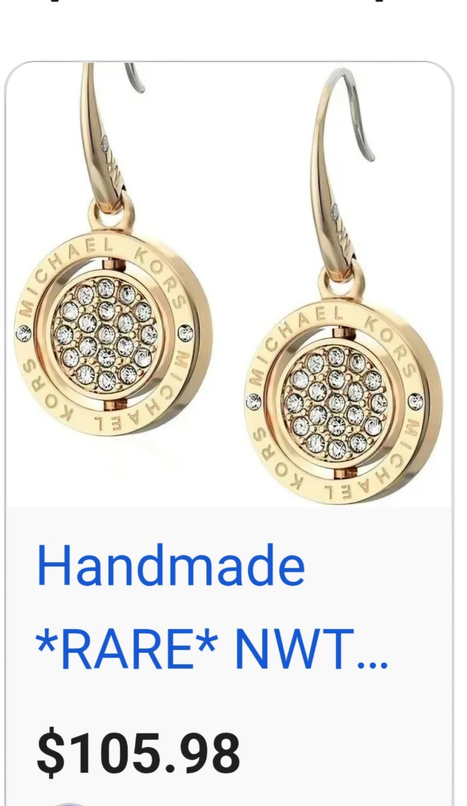 Michael Kors Signed Gold Tone Crystal Pavé Round Disc Dangle Hook Earrings