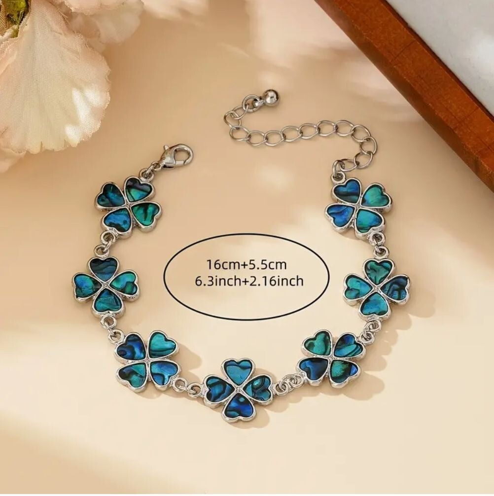 Clover Shamrock Silver Tone Bracelet With Blue-Green Inlays