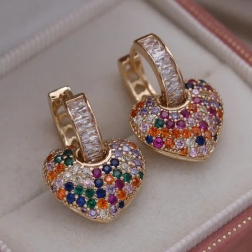 Betsey Johnson Stone Heart Dangle Earrings Rainbow Pave Stones Crystal Accents.