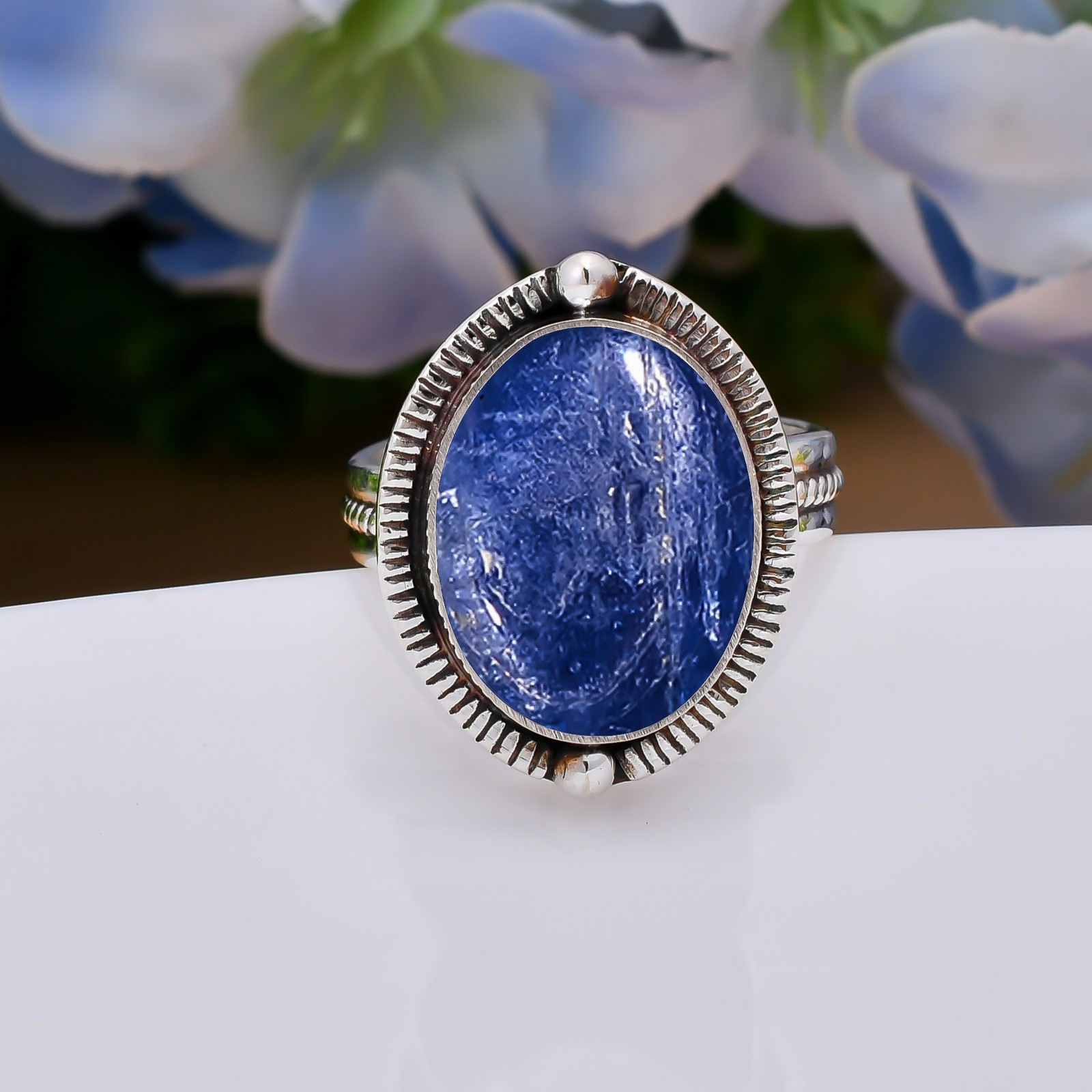 Natural Blue Kyanite Ring In 925 Sterling Silver, Handmade Antique Jewelry