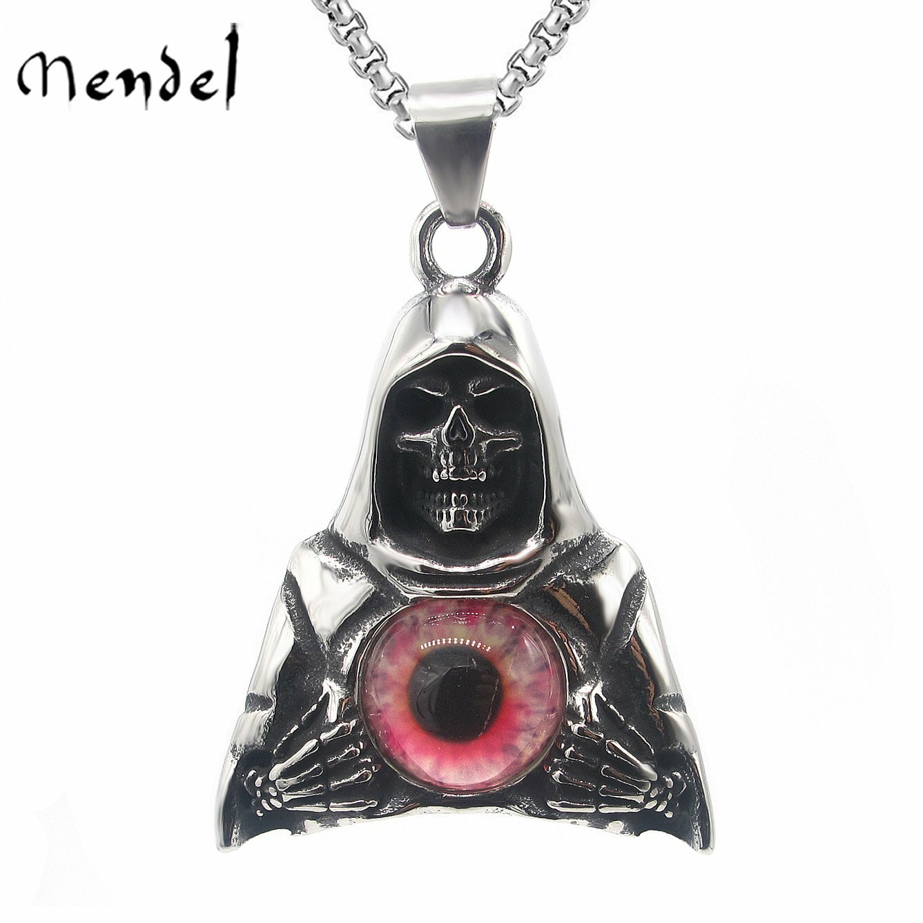 MENDEL Mens Stainless Steel Grim Reaper Skeleton Skull Evil Eye Pendant Necklace
