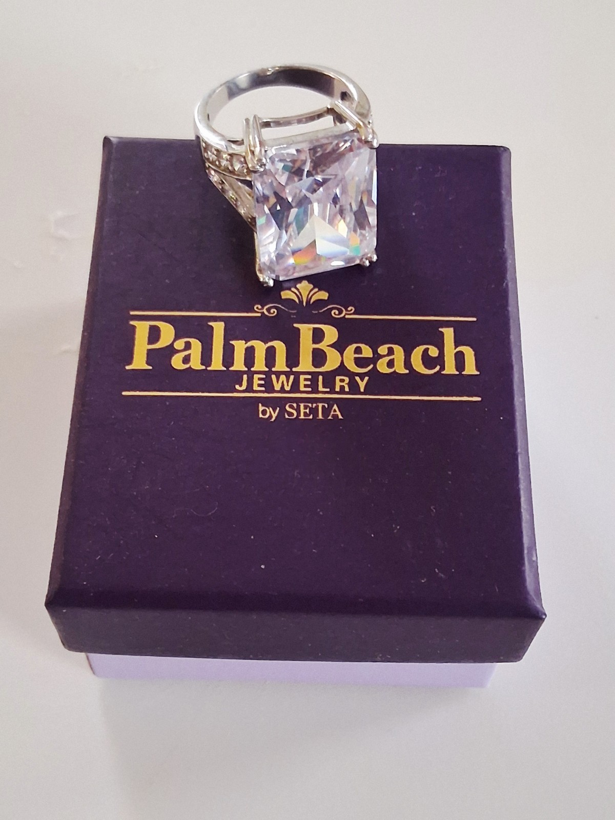 Emerald Cut 27 Carats Platinum Plated Statement Ring Size 8 SETA Palm Beach