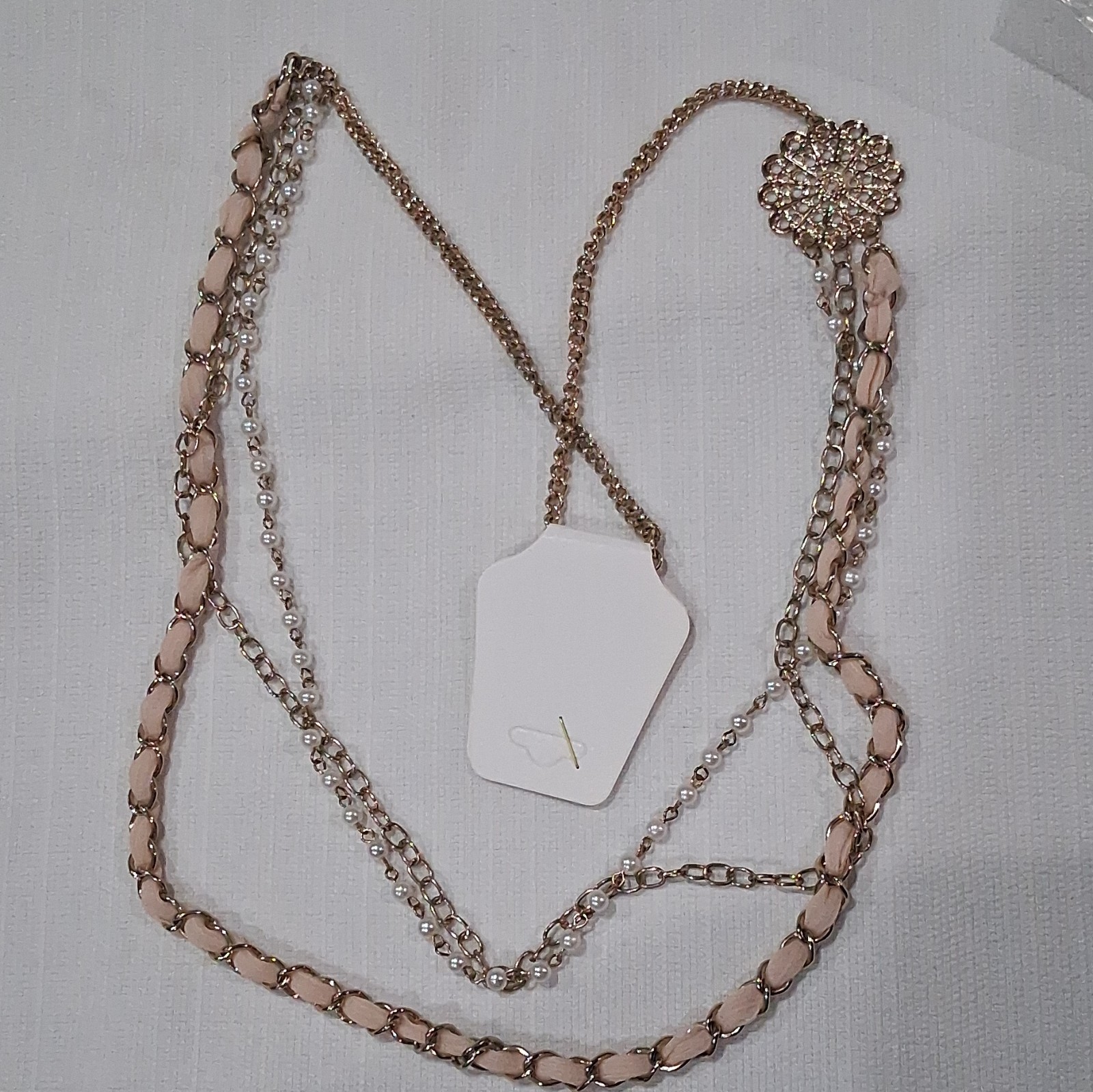 Gold Plated Layered Cable Chain Necklace Pink Enamel Links Flower Pendant