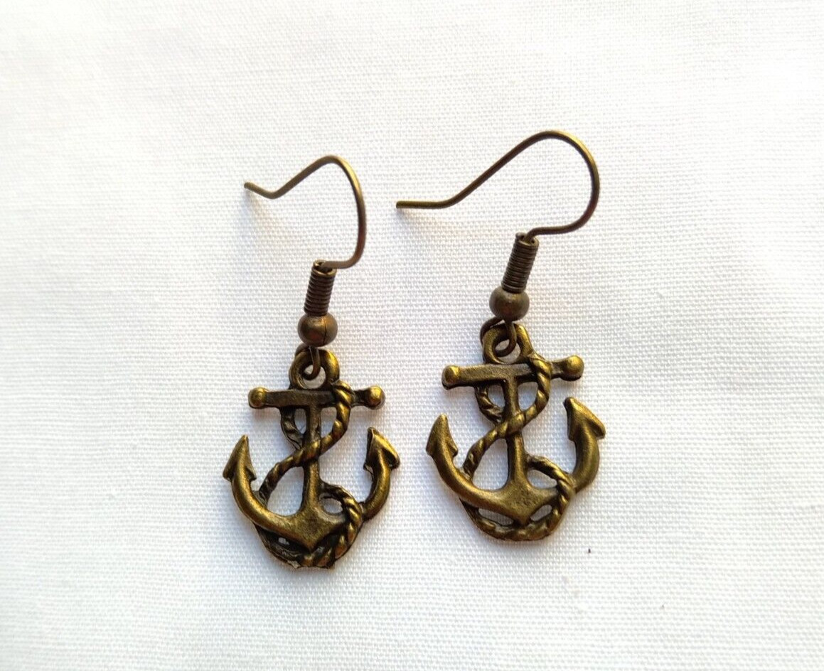 Rope Anchor Earrings Bronze tone Drop Hook Nautical Sailing Boats Sea Ocean