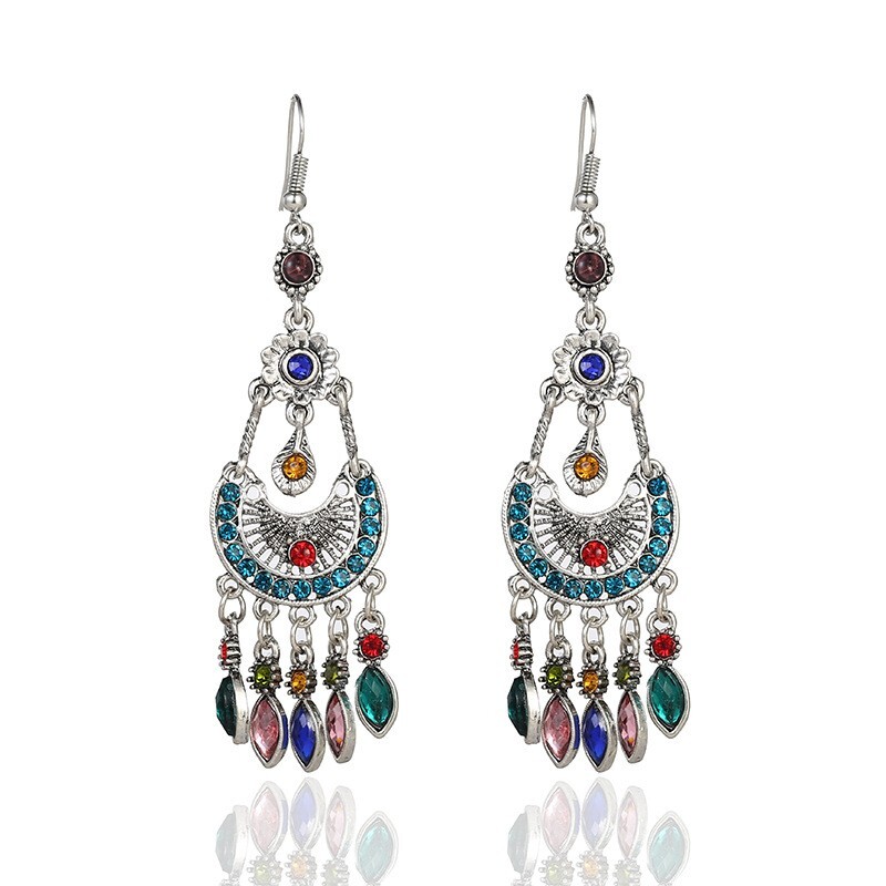 Gorgeous Women Ancient Silver Bohemian Earrings Half Moon Flowers Tassel