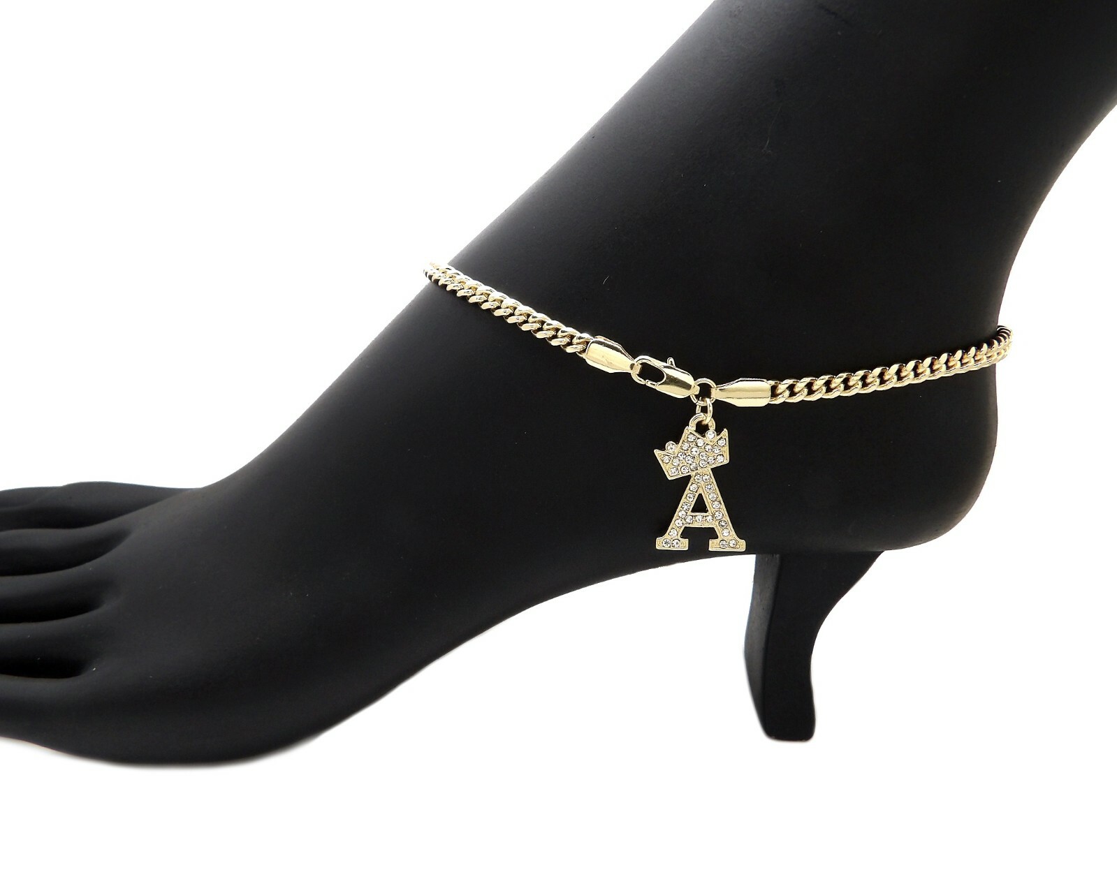 Woman Girls Stone Filled Initial Letter 4mm 10″ Cuban Chain Anklet RAK123