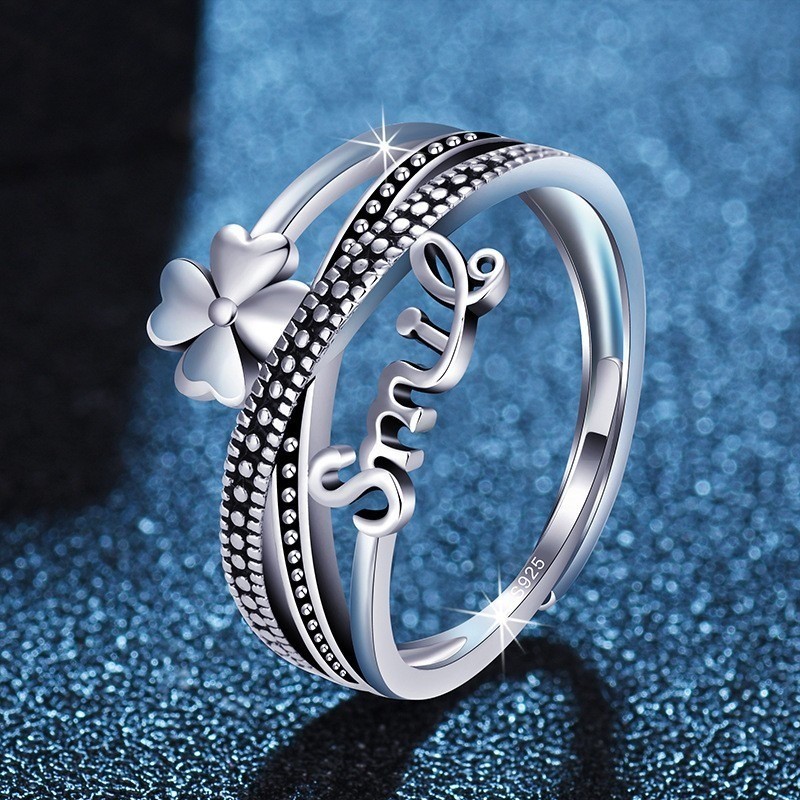 Women’s Fashion Four-leaf Clover Letter Ring Adjustable Opening Copper Ring
