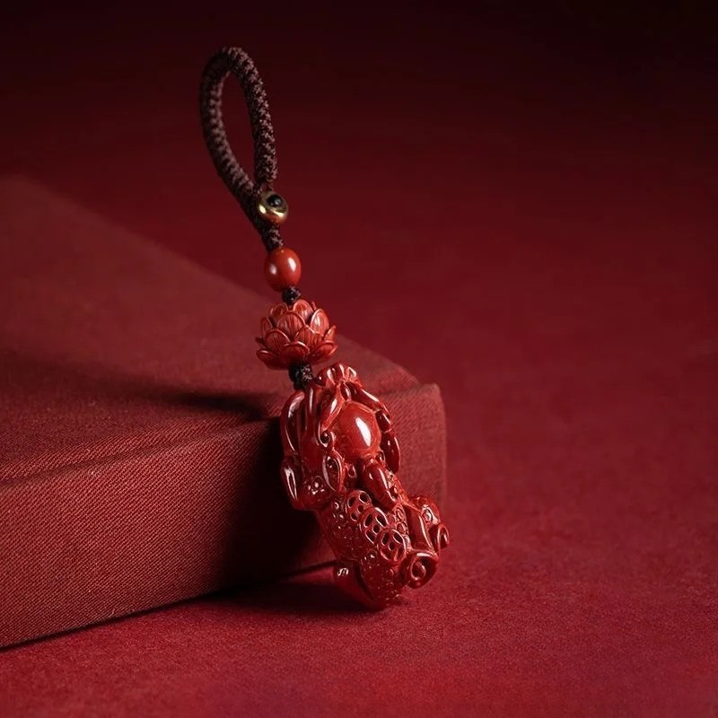 Cinnabar Lotus Pixiu Key Chain Jewellery Carved Fashion Chinese Charm Amulet