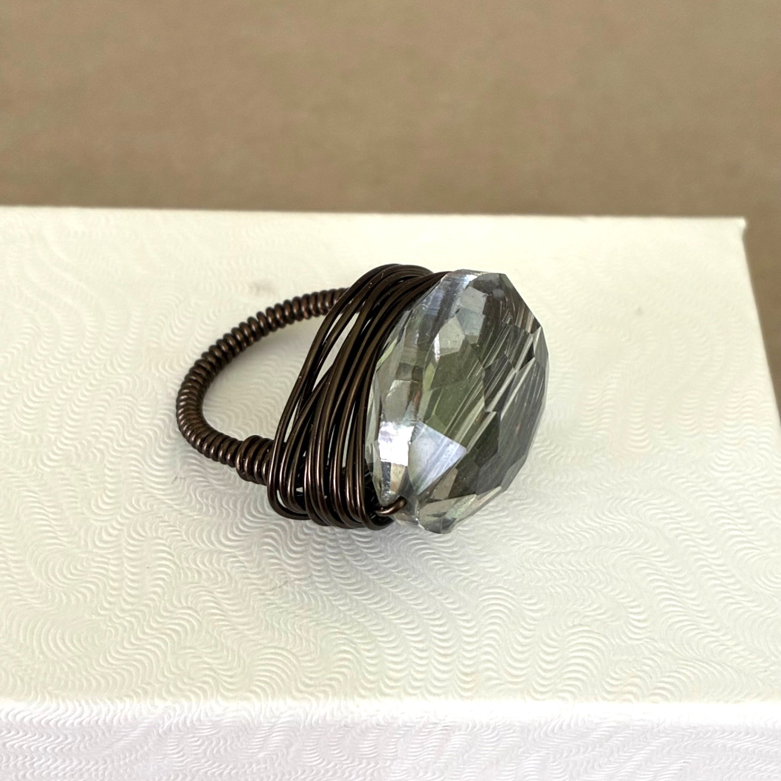 Artisan Smoky Grey Oval Faceted Glass Bead & Wrapped Bronze Wire Ring ~ Size 7-8
