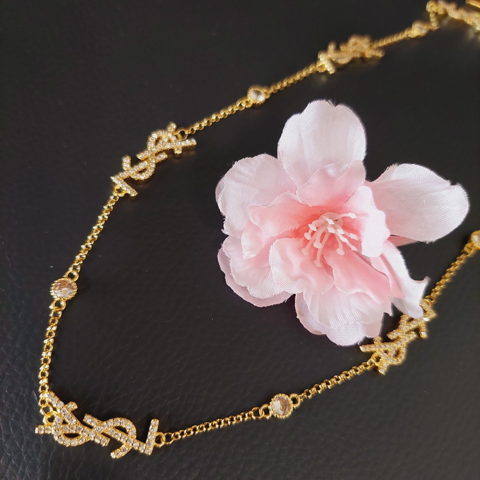 Auth. Yves Saint Laurent Signature YSL Logo Choker Crystal Studded Necklace