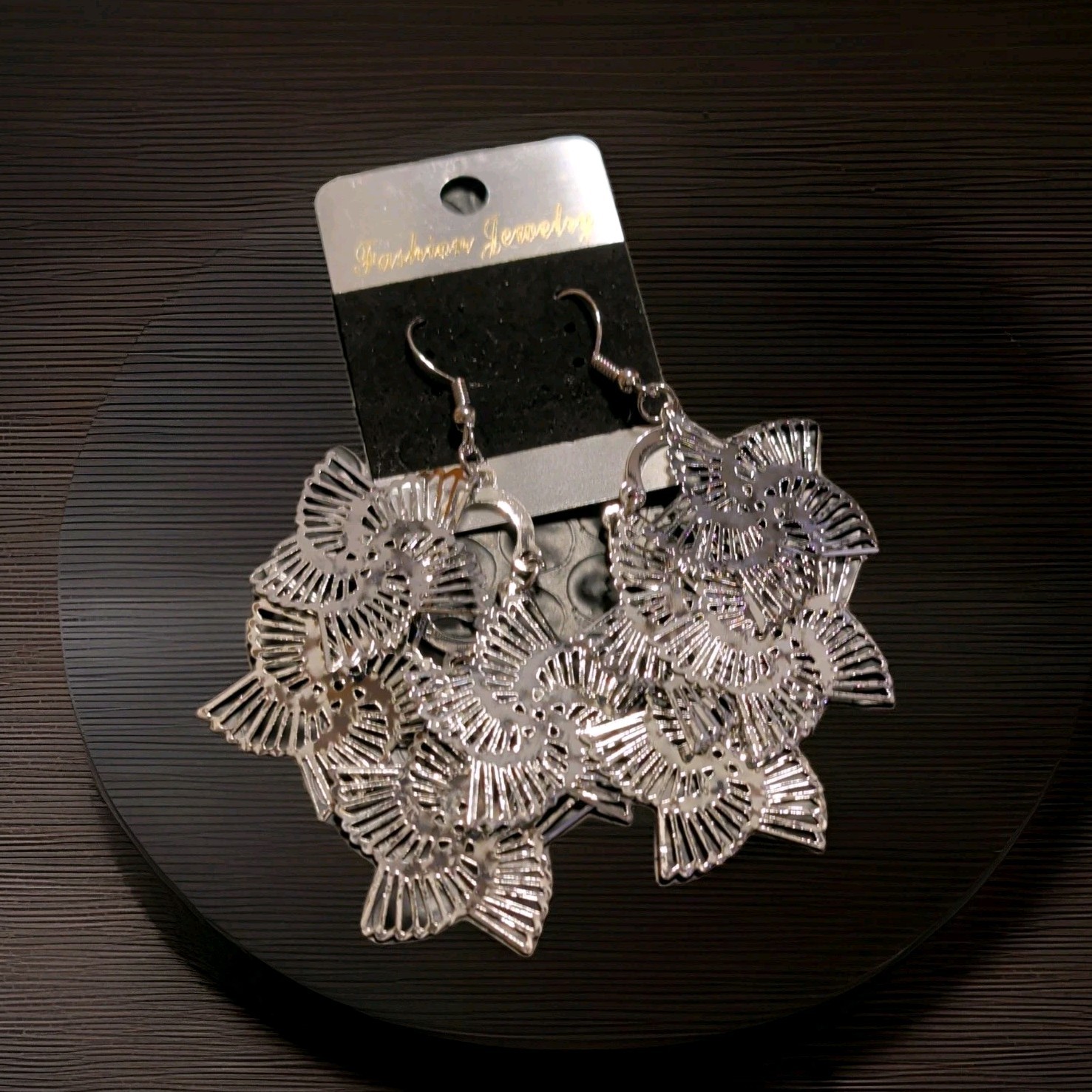 Silver Tone Metal Flower & Leaf Dangle/Drop Earrings for Lobe, Hook, #24