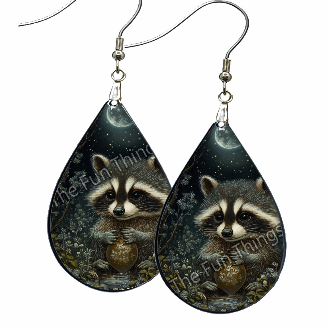 Crescent Moon Starry Night Raccoon Earrings Teardrop NO TARNISHING Wood Dangle