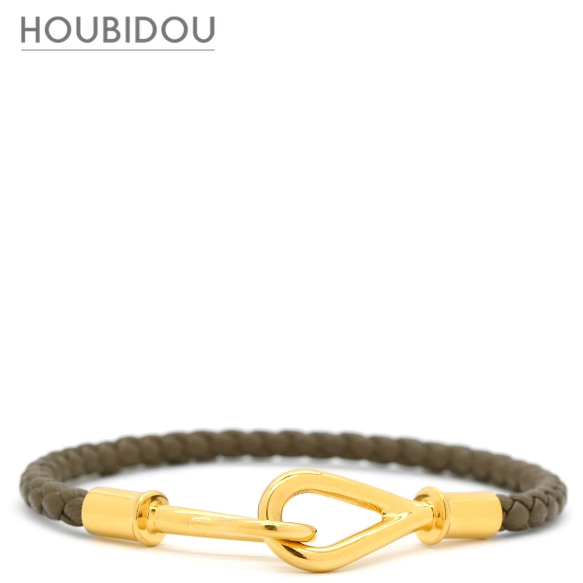 HERMES Jumbo Braided Leather Bracelet Etoupe Gold GP 17cm 6.7in Pre-owned