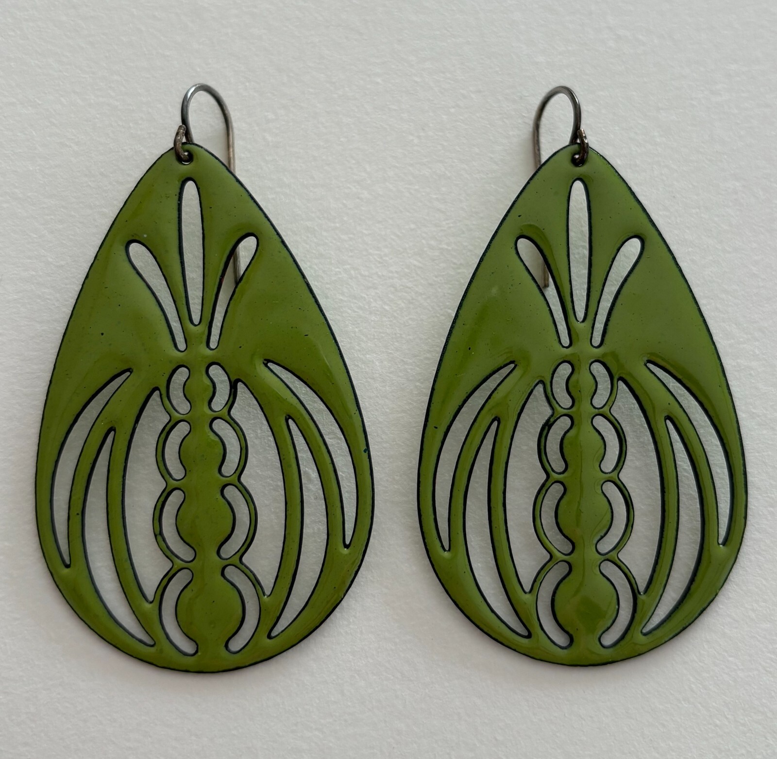 Vitreous Enamel Handcut Copper Earrings Art Deco Mod Geometric Handmade USA 2″
