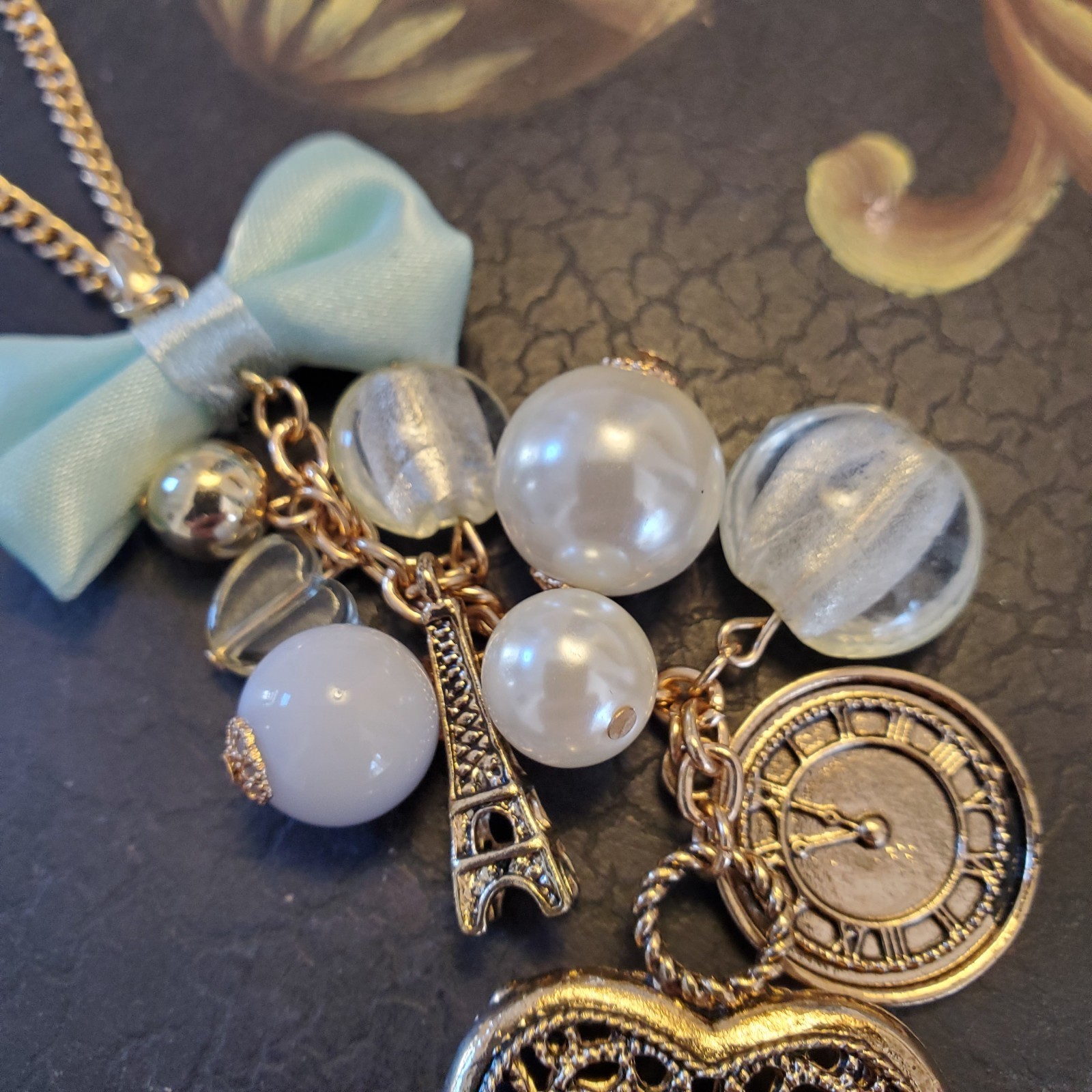 Paris Icons Long Necklace Goldtone – Musee d’Orsay Clock & Eiffel Tower – Heart