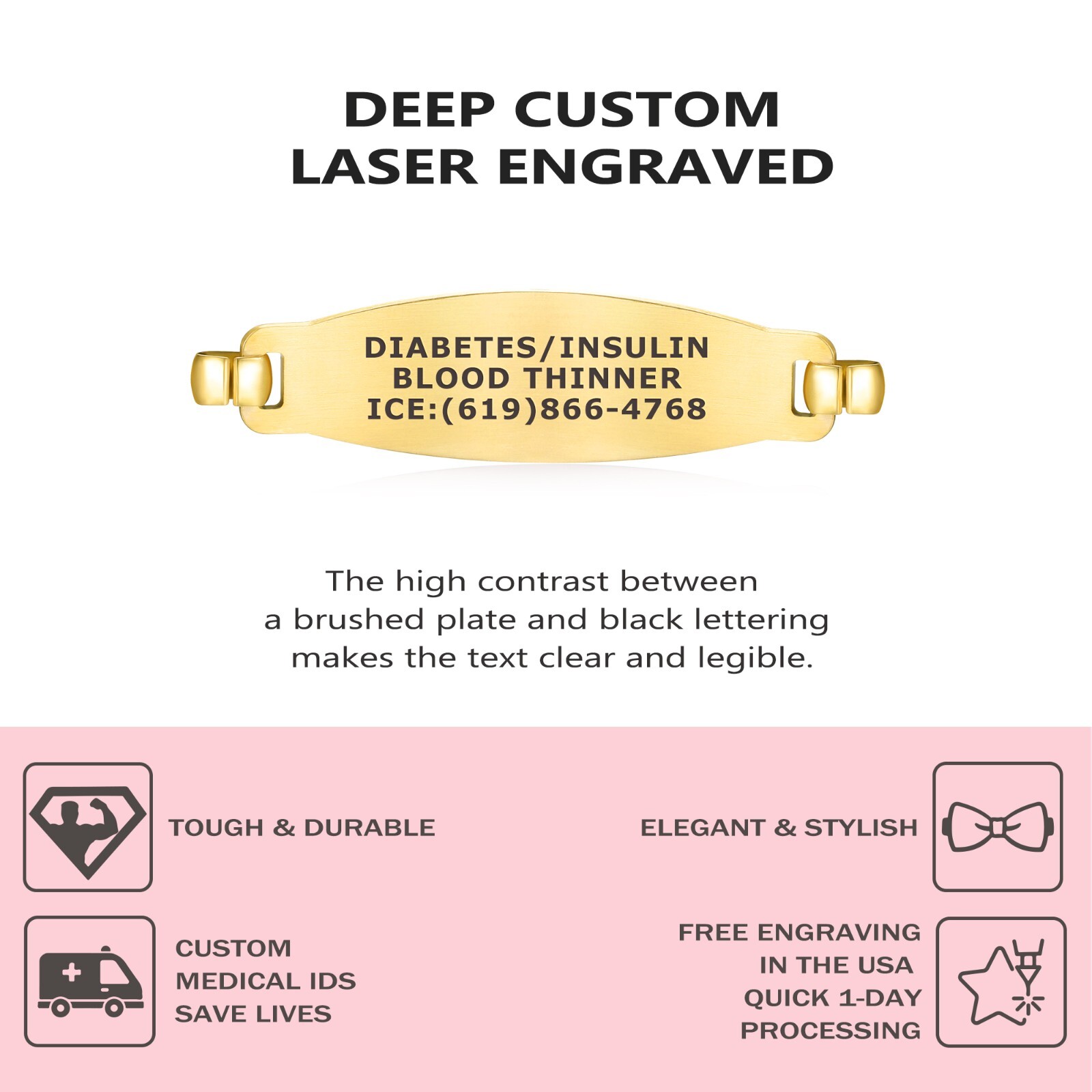 Divoti Custom Engraved Olive Medical Alert ID, Women Bracelet w/Heart Link Chain