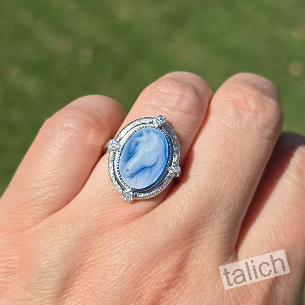 925 Sterling Silver Blue Agate & CZ Horse Cameo Oval Ring Adjustable Unique Gift