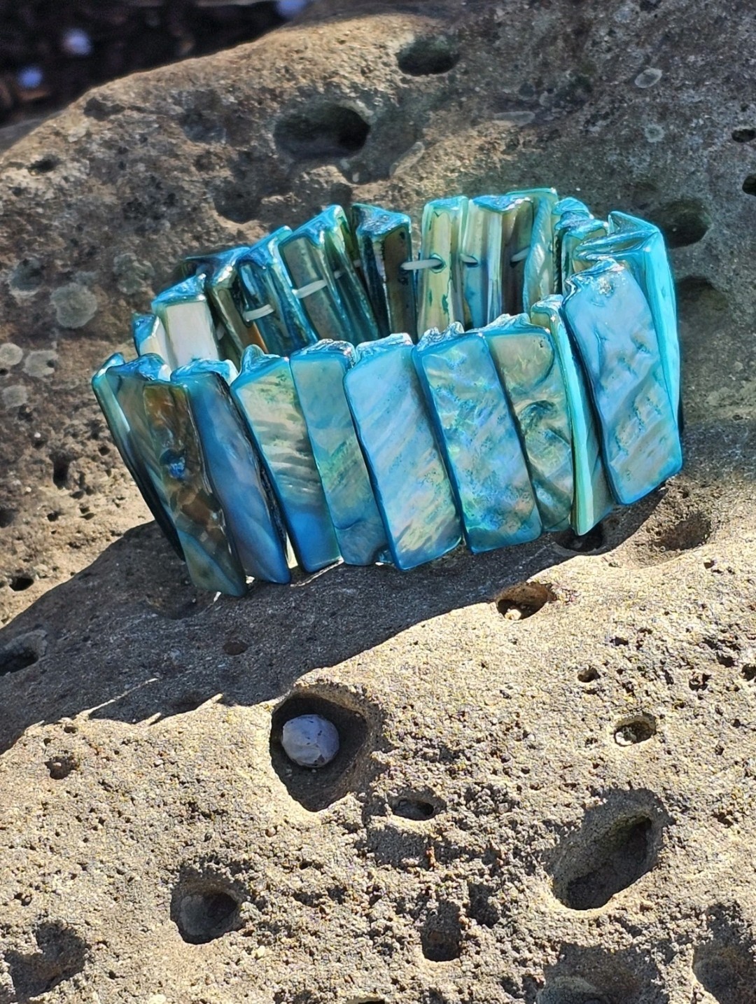 Blue Mother of Pearl Shell Stretch Bracelet Wide Iridescent Statement Boho