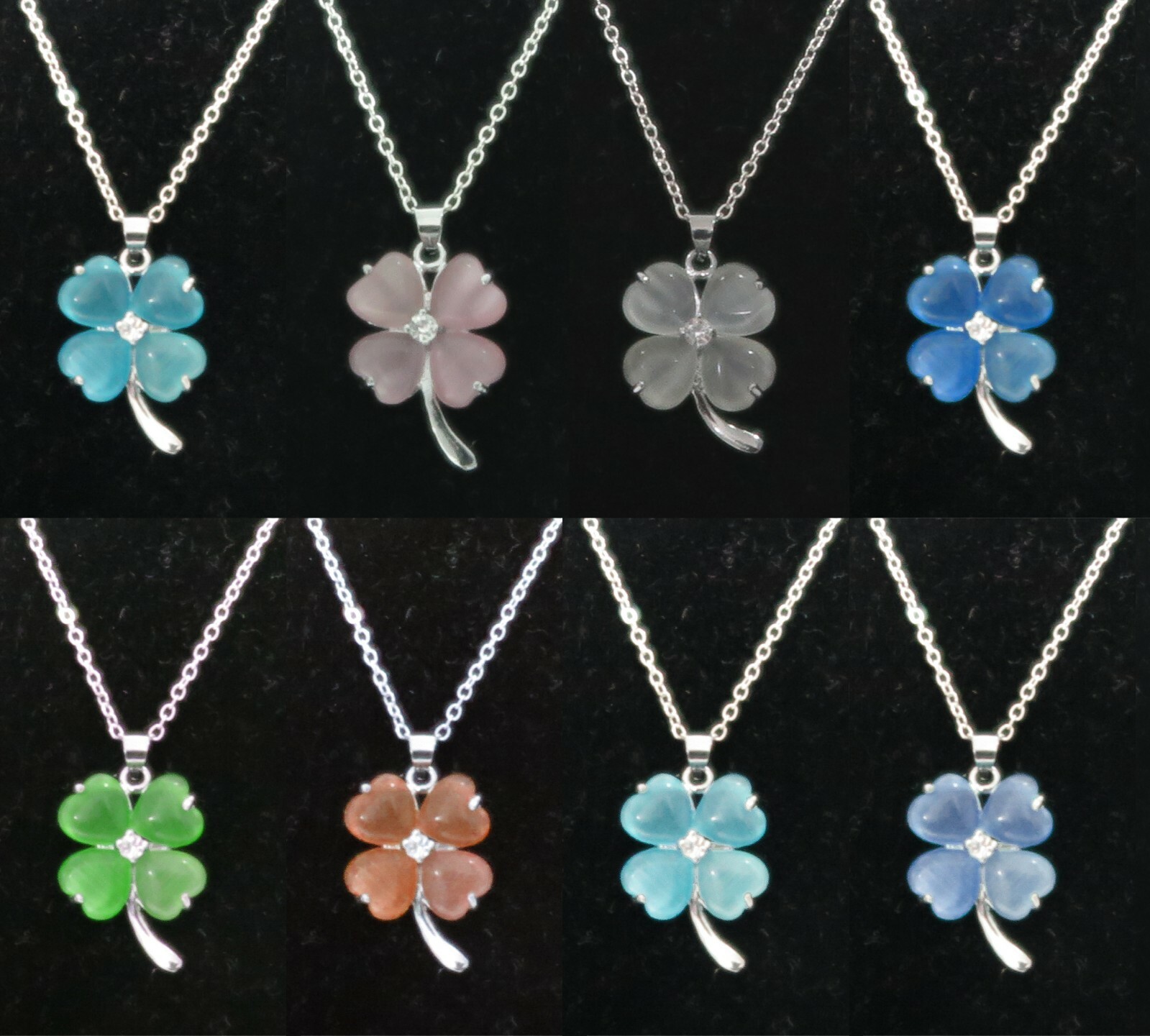 4 Leaf Clover Malaysia Jade Pendant Silver Plated Jewelry Chain Necklace .75″