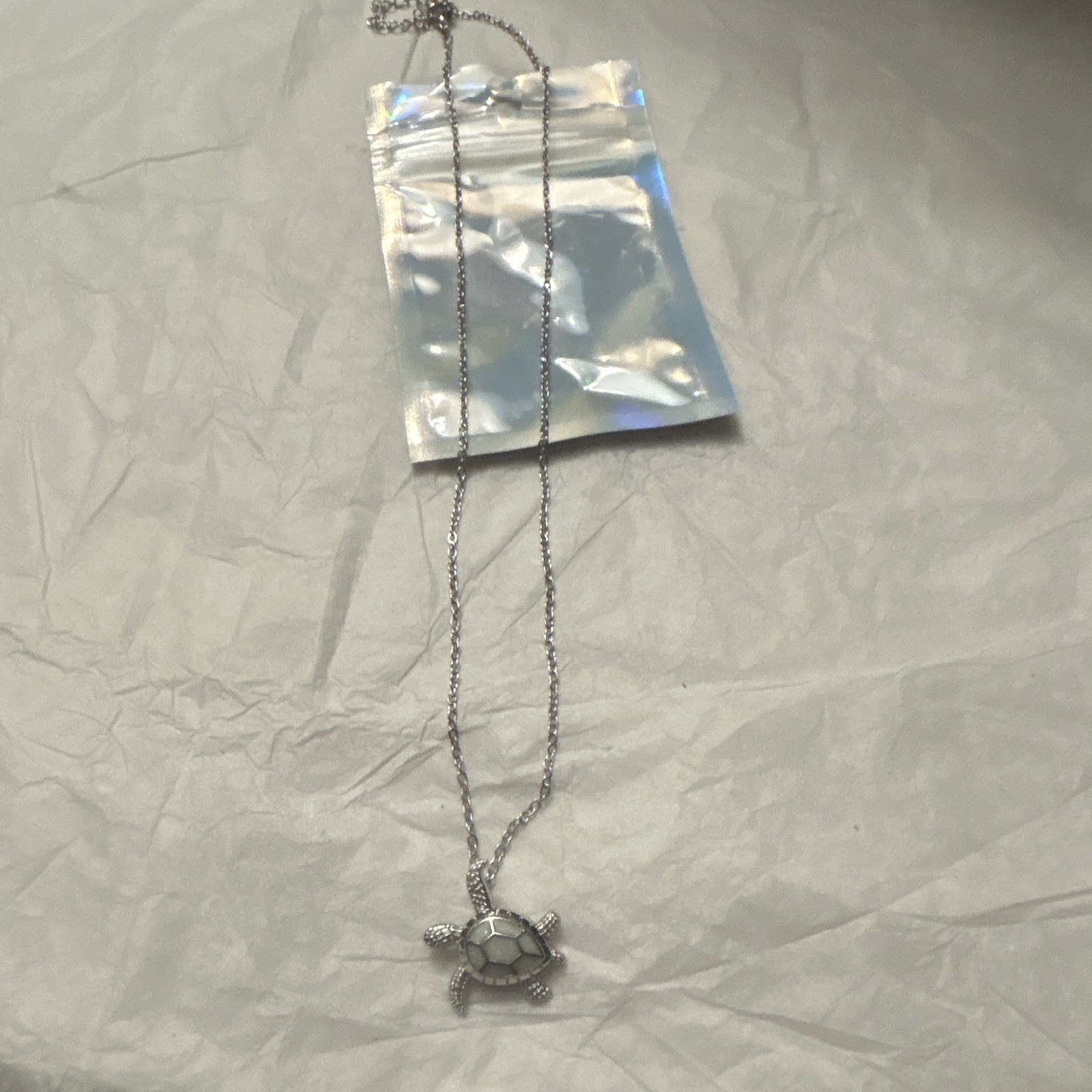 Silver Tone Cable Chain Necklace White Crystal Turtle Charm Pendant