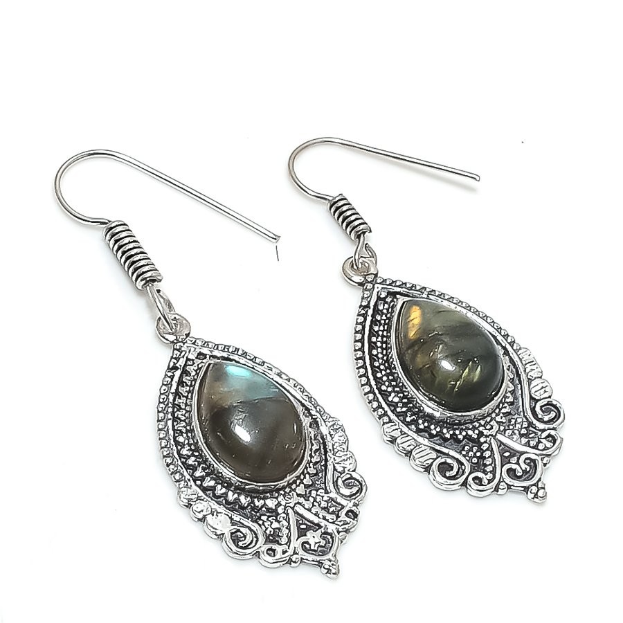 Blue Fire Labradorite Pear Shape Gemstone Handmade Jewelry Earrings 2.1″ SR 5508