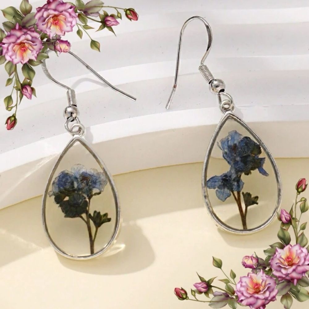 Dried Flower Pressed Resin Forget Me Not Drop Earrings 925 Sterling Silver