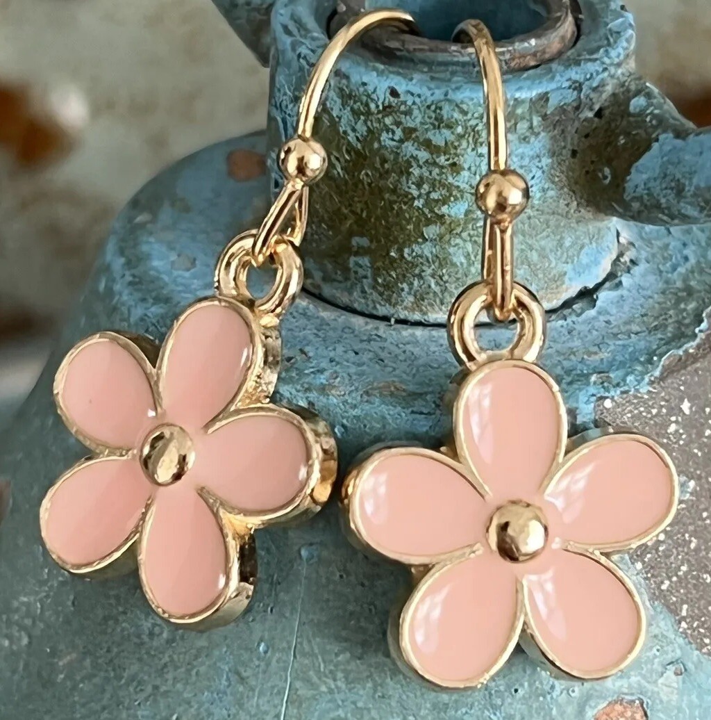 Beautiful Gold and Pink Flower Dangle Earrings.