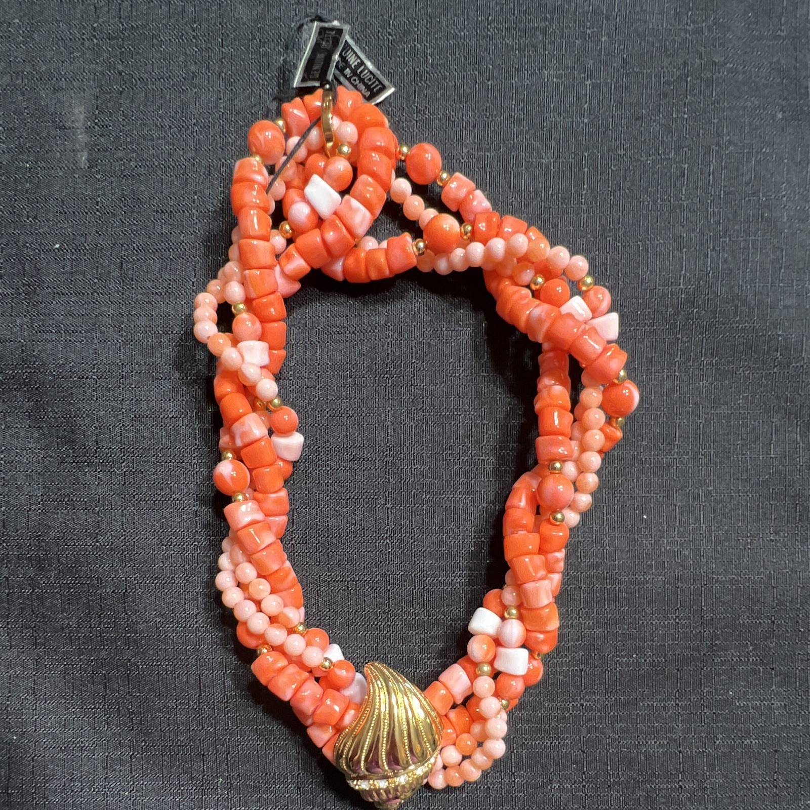 Avon Kenneth Jay Lane Undersea Beaded Gold Tone Coral Shell Charm Necklace 1989