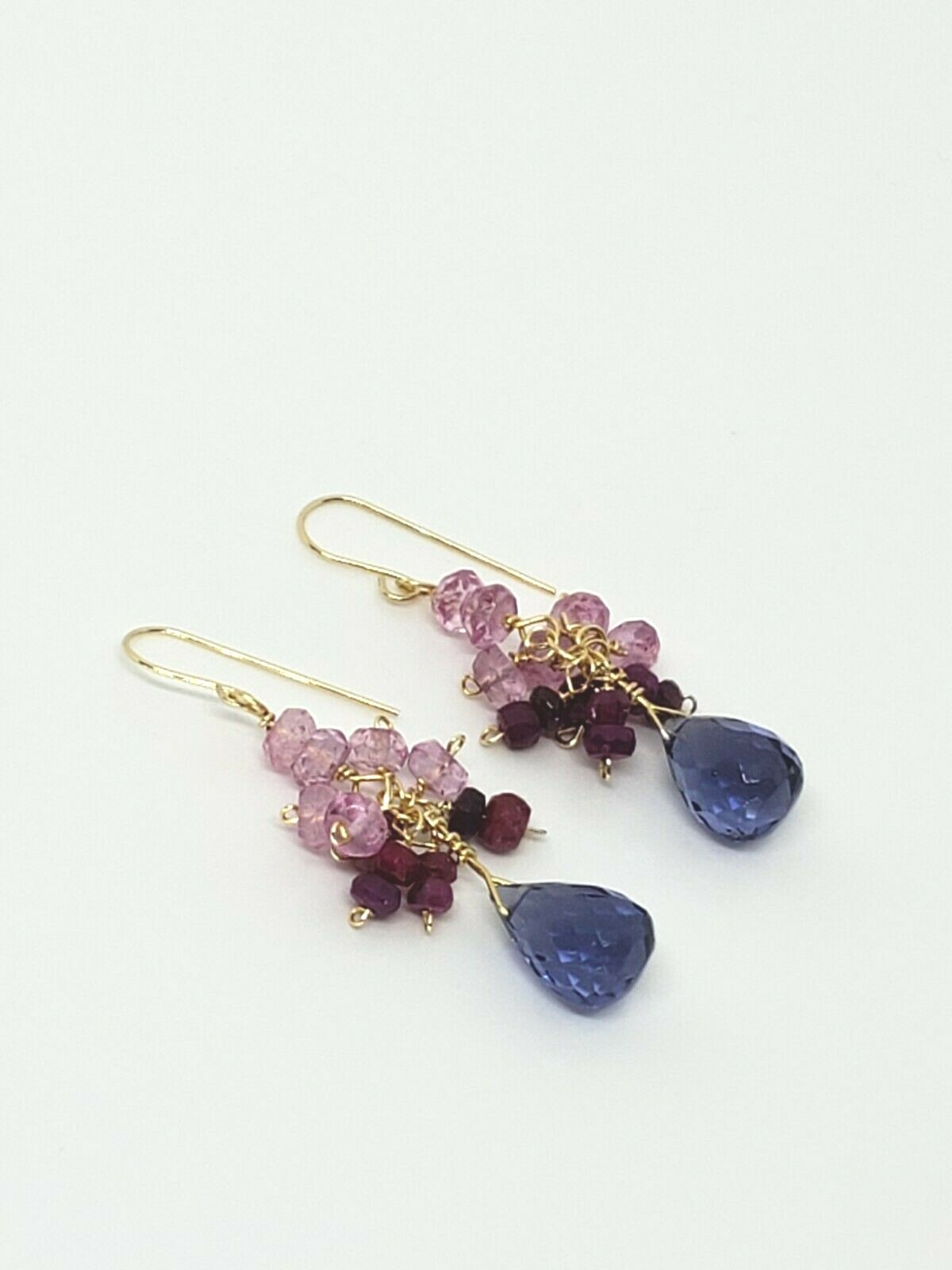 14k Yellow Gold Sim. Tanzanite Briolette Pink Topaz Ruby Cluster Dangle Earrings