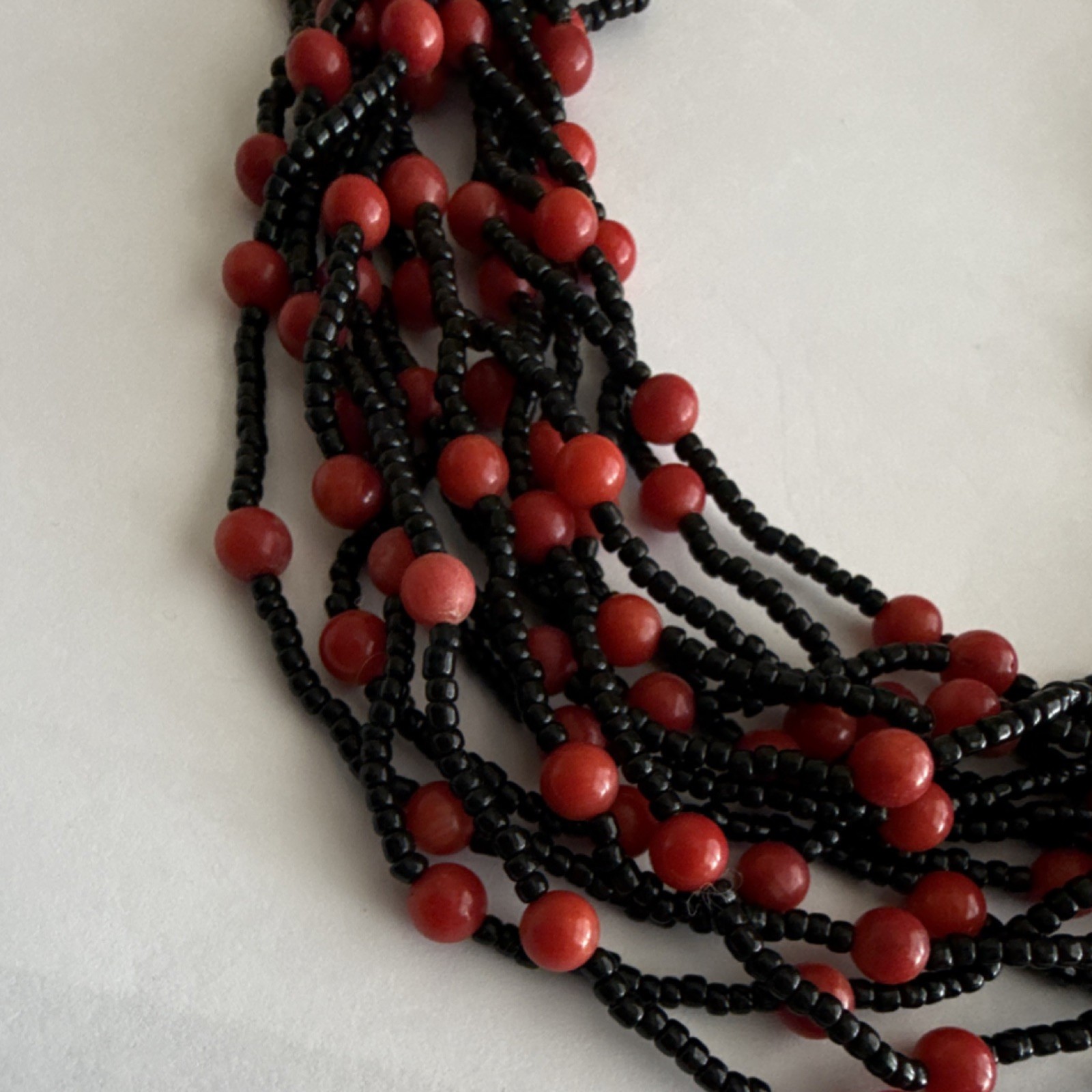 Black Red Coral Beaded Multi-Strand Necklace 925 Lobster Clasp