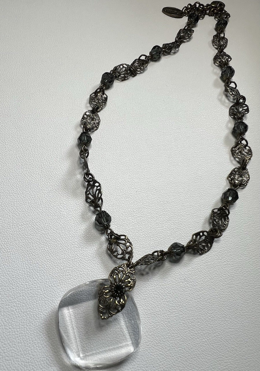 Kenny Ma Bronze Tone Beaded Necklace Clear Crystal Square Pendant Signed 16”