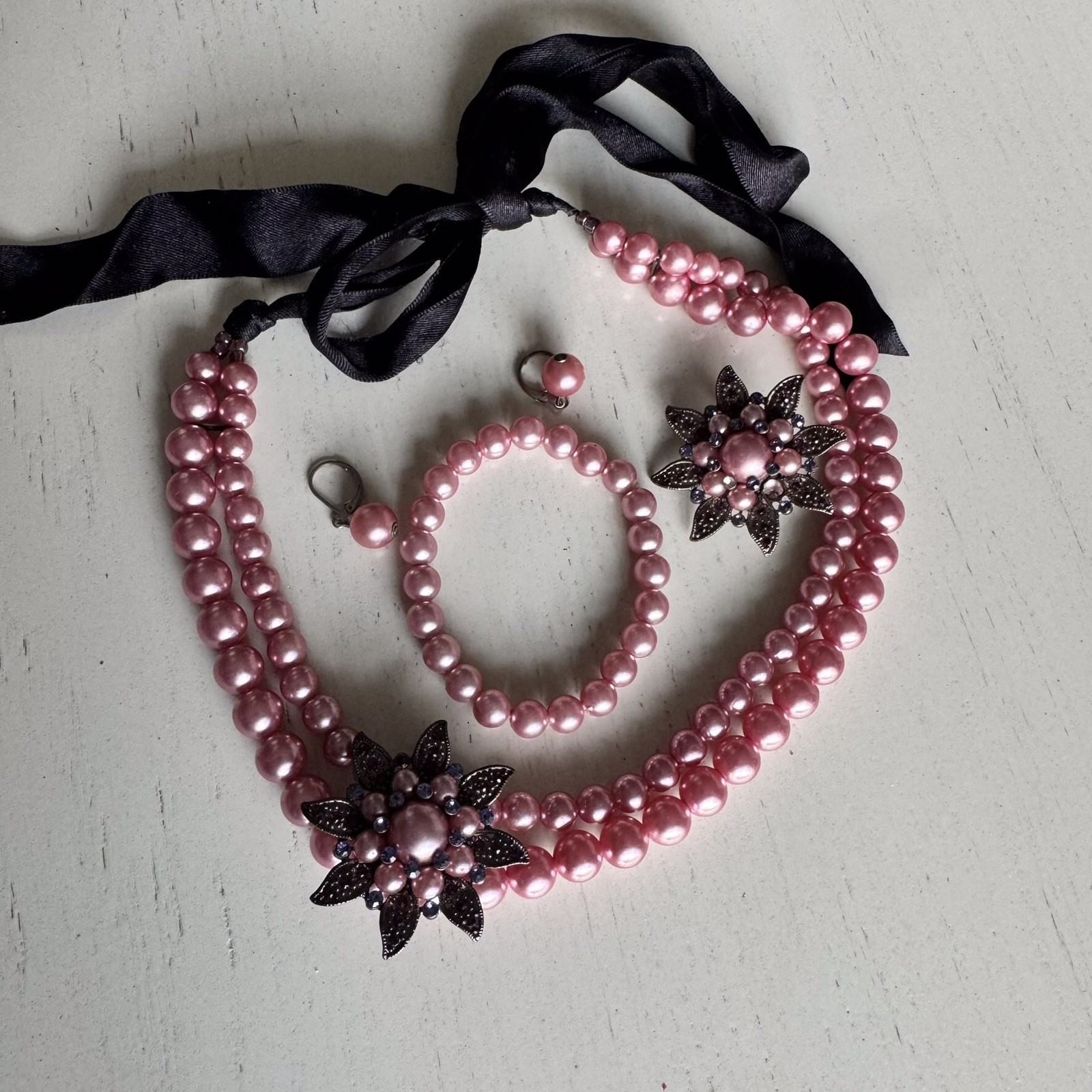 Pink Necklace, Earrings, Broche & Bracelet Set
