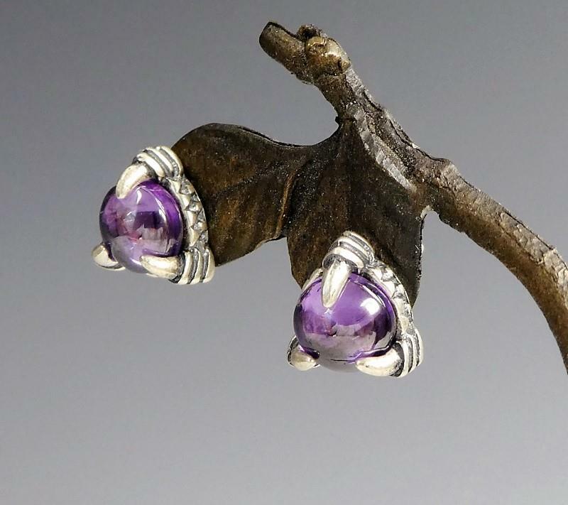 Sterling Silver Claw Set Purple Crystal Cabochon Tiny Stud Post Earrings Unique
