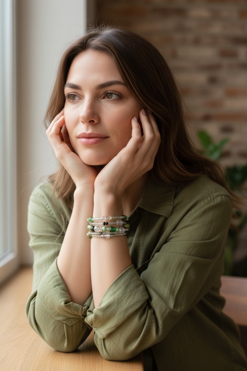 2 Memory Wire Green & Multi Color Peacock Beads Layered Bracelet Fits All Wrists