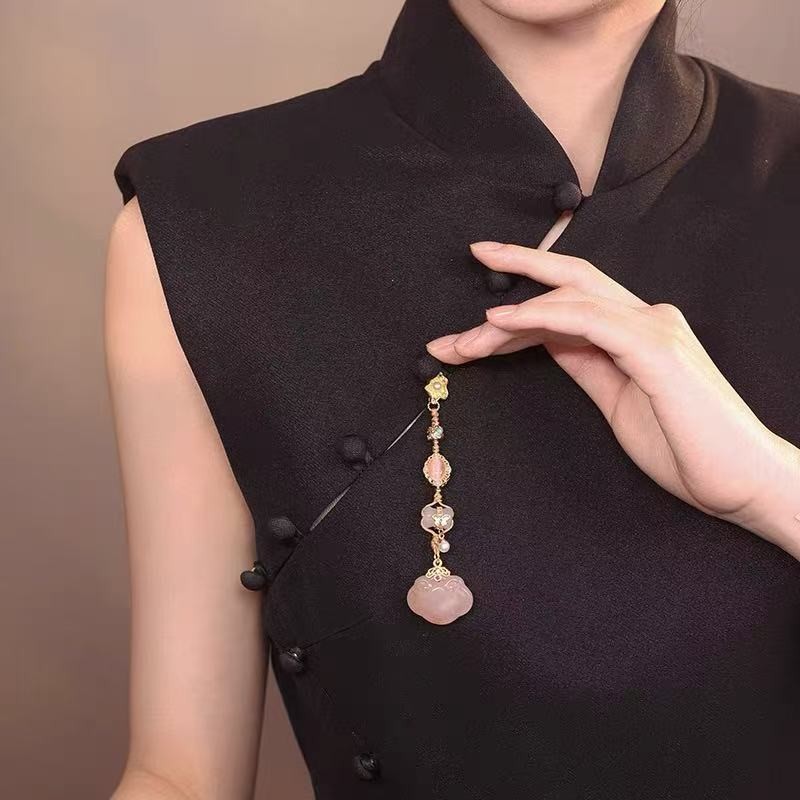 Chinese Hanfu Qipao Waist Hanging Ornament, Gold Plated Jade Bead Tassel Pendant