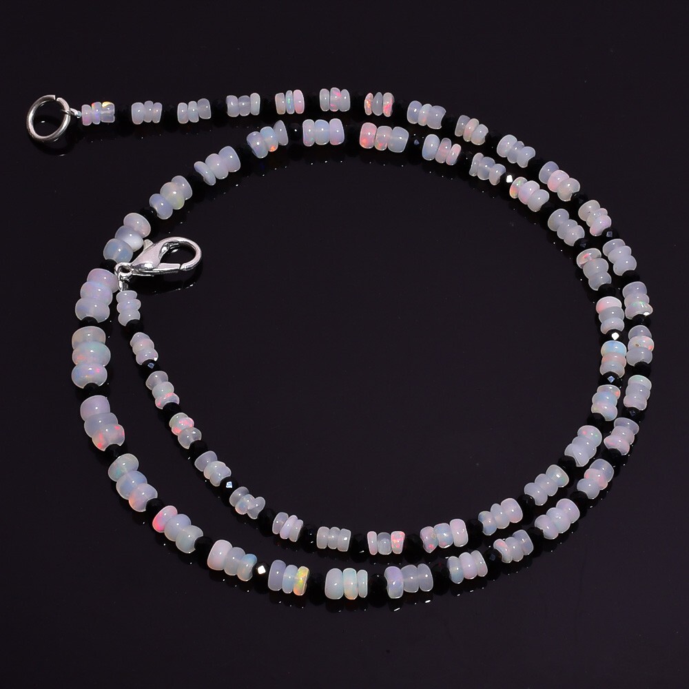27 Ct. Natural Fire Ethiopian Opal Black Spinel Smooth Beads Necklace 16″ A-1985