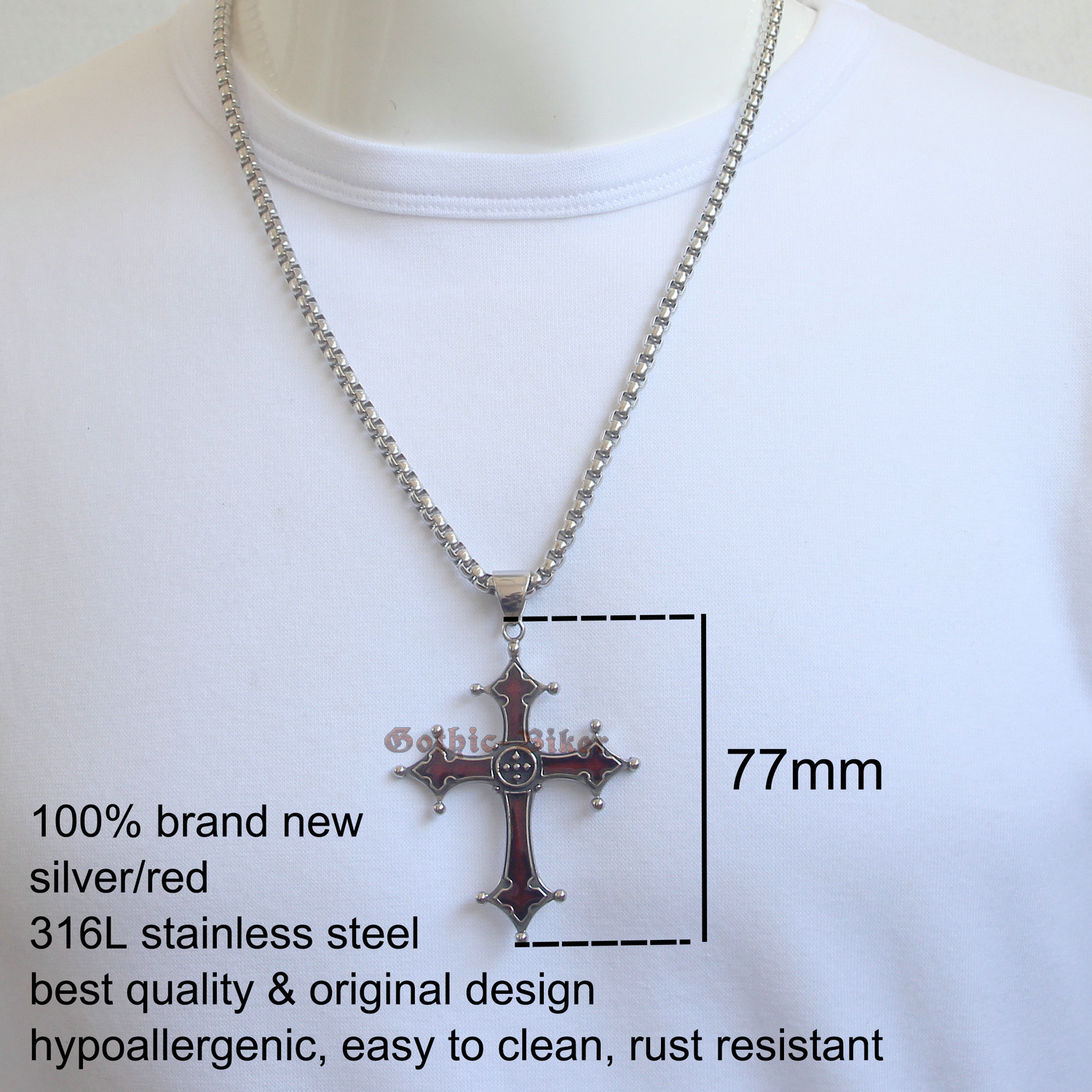 Men’s Gothic Bloody Red Enamel Solid 316L Stainless Steel Cross Necklace Pendant