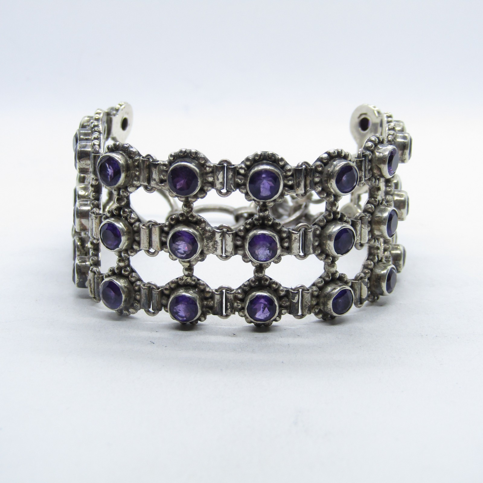 SJ Sterling Silver 925 Amethyst Flower Linked Bracelet 7-8.5″ SE199