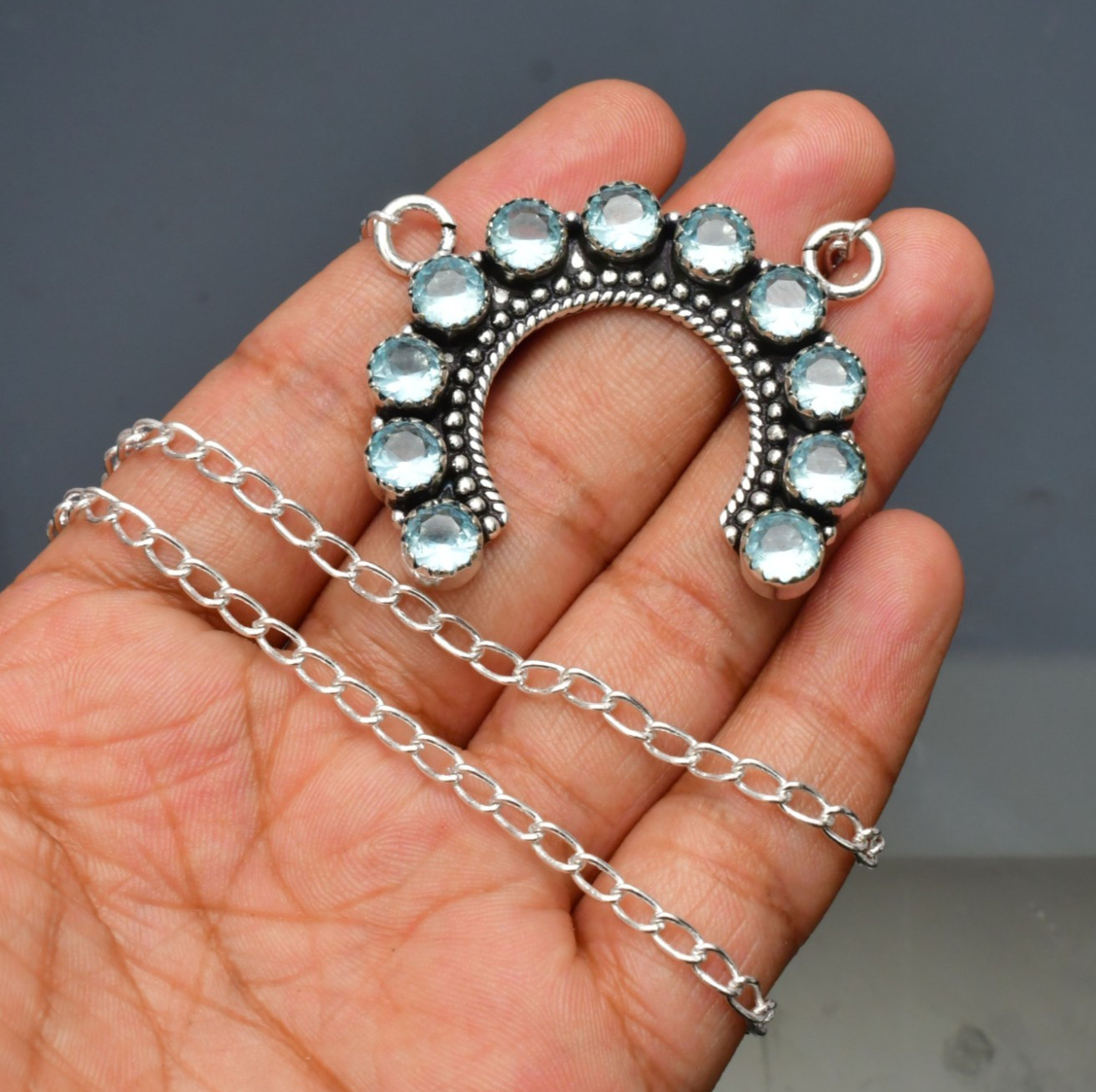 Aquamarine( Lab-Created) Gemstone 925 sterling silver Handmade Necklace : 16-20″