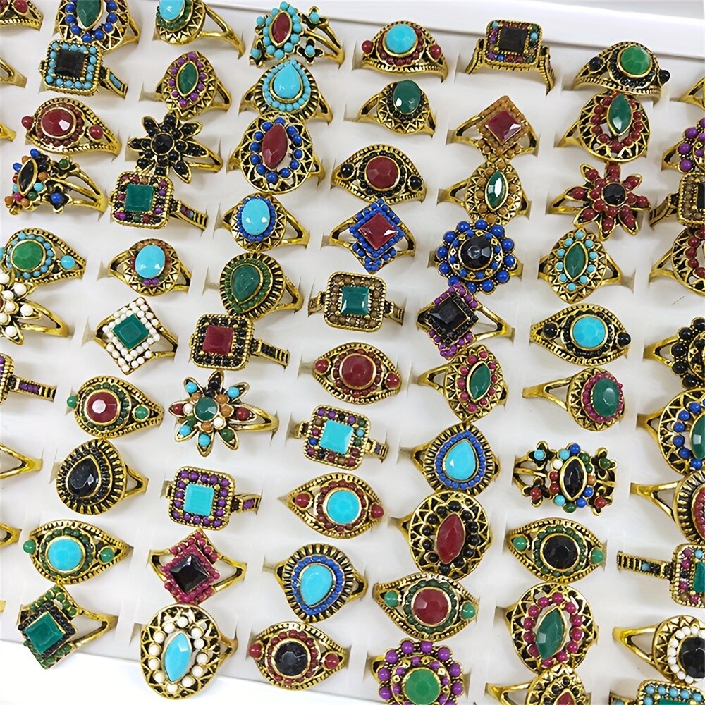 15 Mixed Vintage Style Coloured Stone Rings Mixed Simple Women’s Rings Jewellery