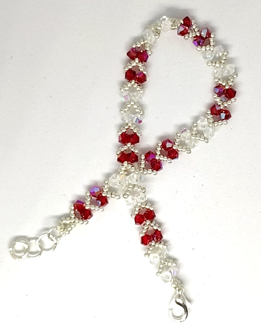 6-inch Bracelet 3mm Crystal Red/White Sparkly Bicone Beads/Silver Miyuki Beads